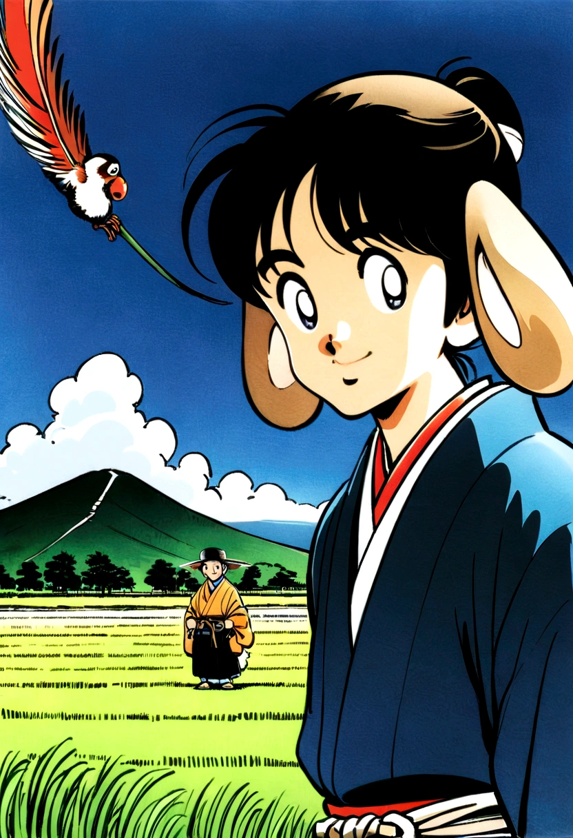 character: Brave and smiling young man。Wearing a traditional samurai costume、He has a sword on his waist。There&#39;s a monkey on his shoulder。 With big ears、With a dog wagging its tail、A pheasant with its colorful feathers spread out、Standing next to Momotaro。 background: Vibrant Japanese countryside scenery。Lush green rice fields and mountains々、Blue sky and white clouds。 A big tree standing by the river。 Onigashima Island seen in the distance: Although it has a creepy atmosphere、Gives a sense of adventure to the story。 style: 和風のアニメーションstyle。Bright and colorful colors。 A touch reminiscent of a retro picture book。