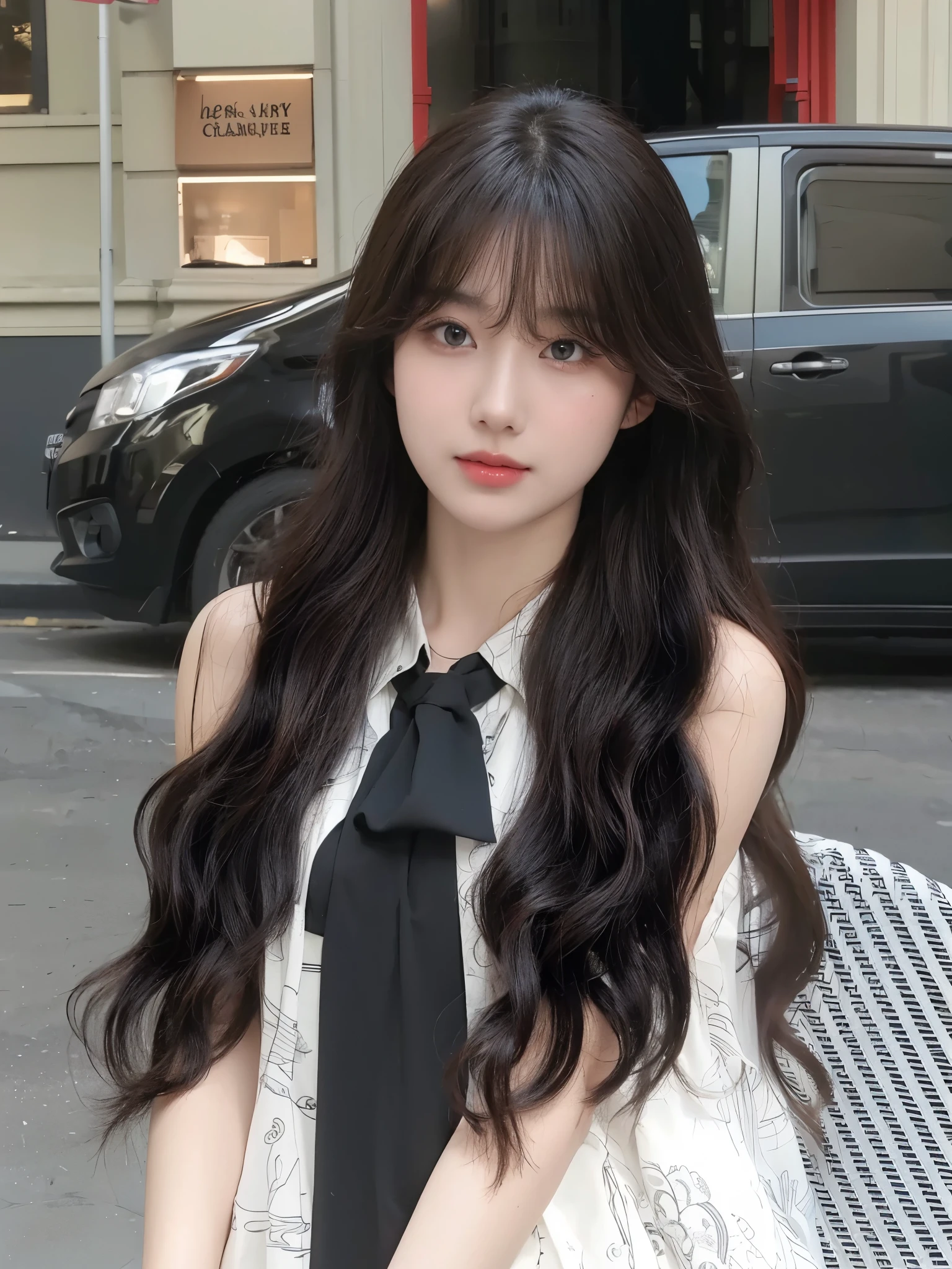 Air bangs long curly hair,Long curly black brown hair,Natural and beautiful hair,The background is simple and clean,uniform hair color
