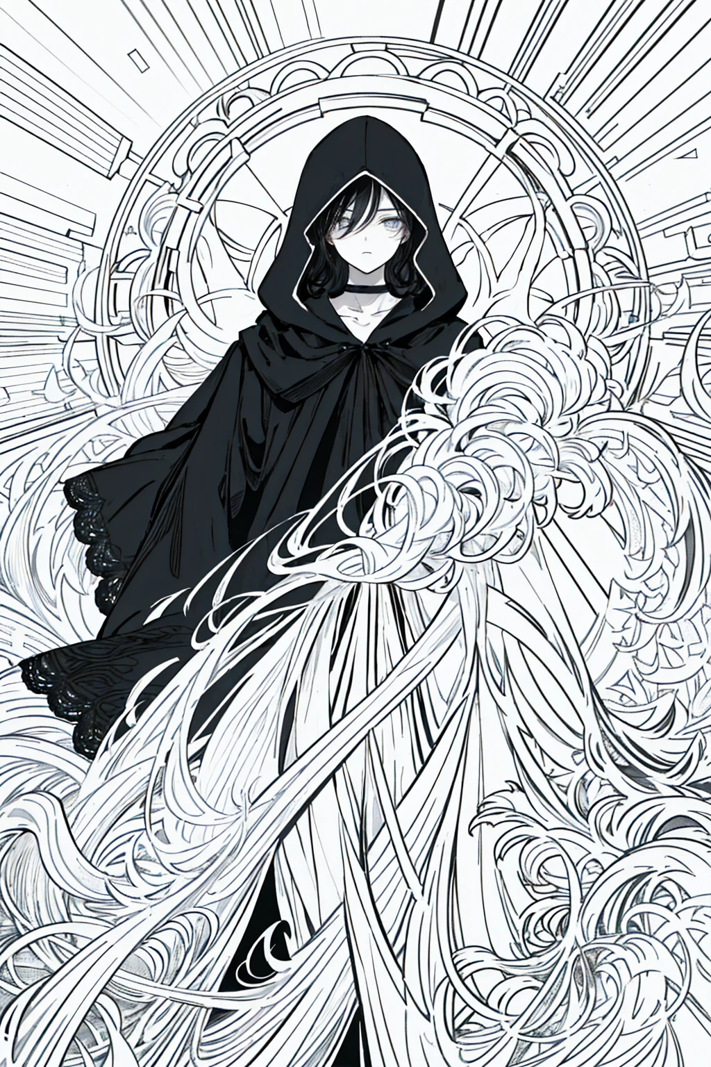 (masterpiece), hres, high quality, 4k, unity render, 1girl, solo, lineart, (monochrome:1.2), intrincate detailed,(black hair:1.2),Wearing a black robe with lace,Wearing a black hood,hood covers his eyes,Slightly curlyhair,Beautiful,cold expression,