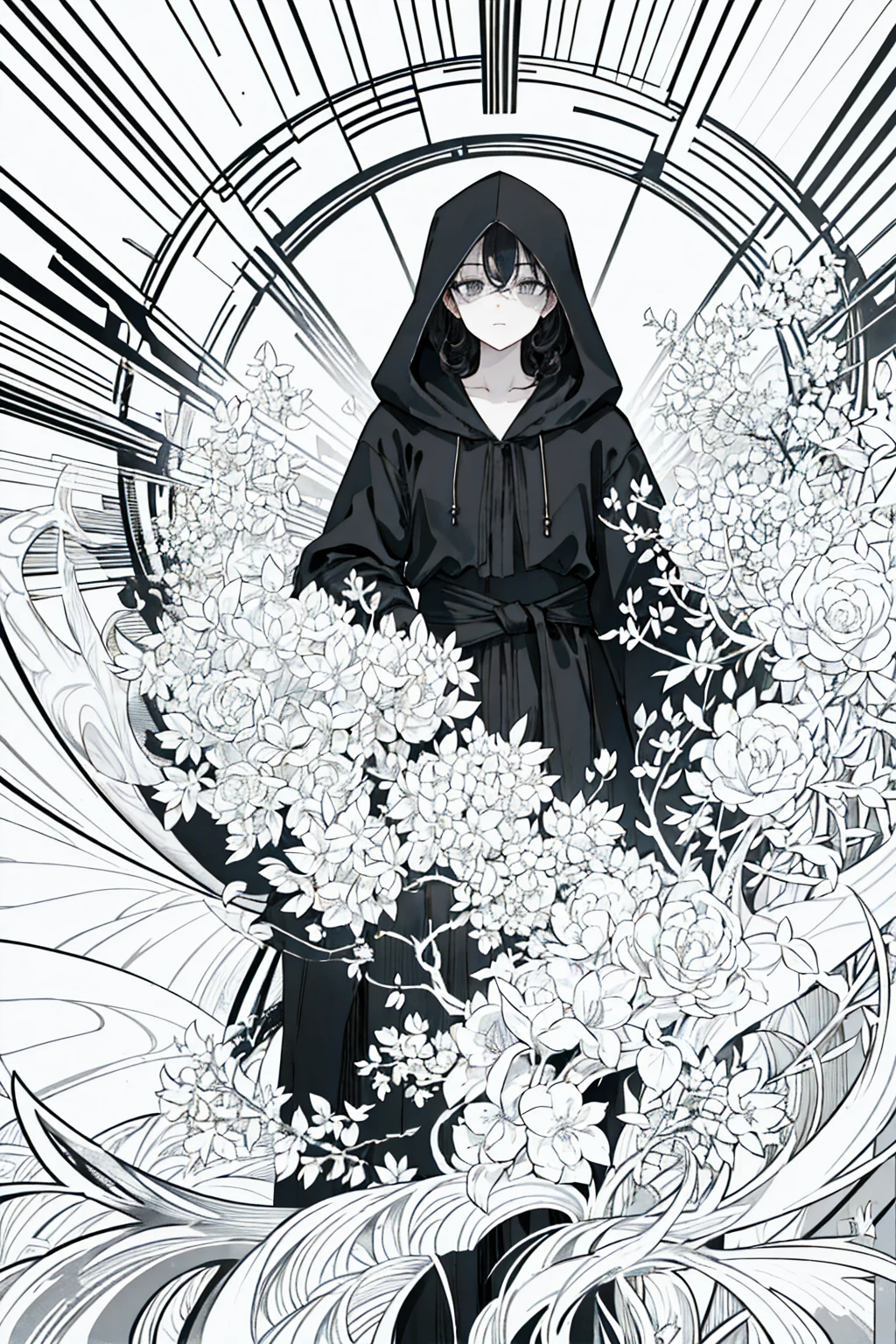 (masterpiece), hres, high quality, 4k, unity render, 1girl, solo, lineart, (monochrome:1.2), intrincate detailed,(black hair:1.2),Wearing a black robe with lace,Wearing a black hood,hood covers his eyes,Slightly curlyhair,Beautiful,cold expression,