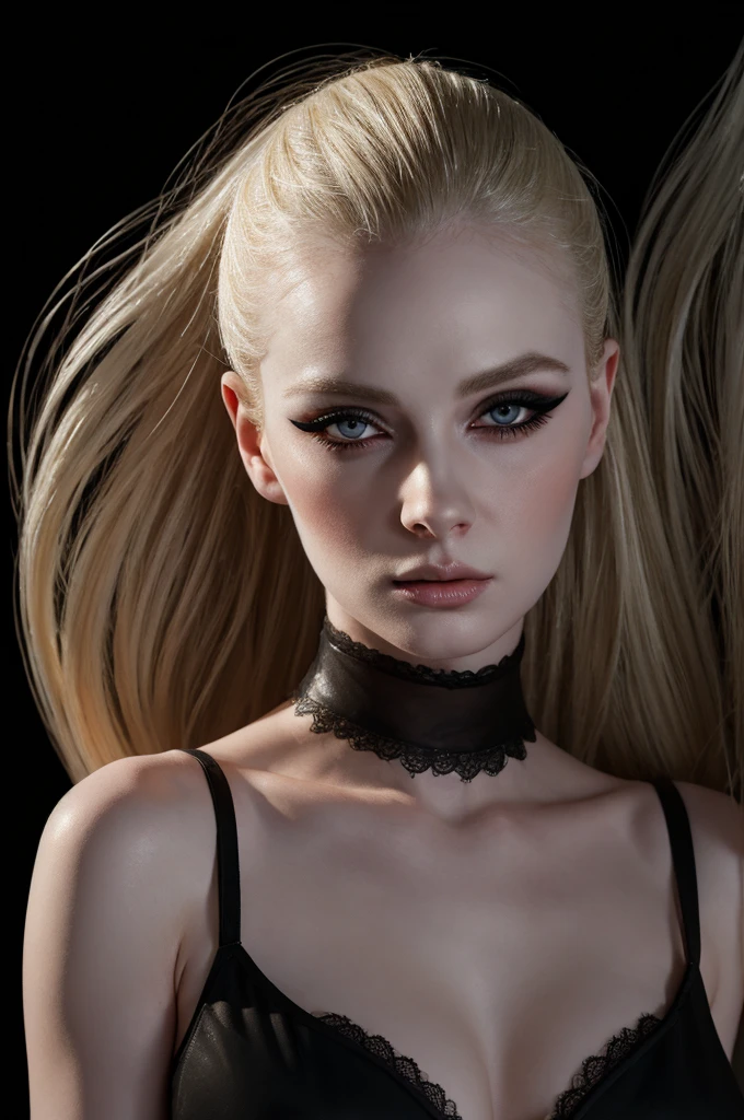 woman pretty, blonde, slicked back blonde hair , big breast,  sexy, pale skin , eyeliner ,white skin,foxy eyeliner , makeup ,pale woman painting, beautiful light deep focus, elegant, digital painting, smooth, dramatic lighting , 8k, art , black background,black background, black wallpaper