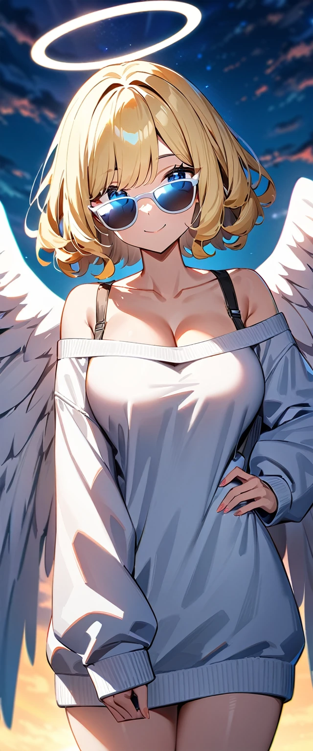 ((angel, big big white wings:1.3, halo:1.3)), ((sky)), (((sunglasses, hand to sunglasses))), (((cowboy shot))), archangel Uriel, ((wavy hair, inward curled hair)), evening, Sunset, ((blond hair, bob cut:1.3)), big breasts, ager, (looking at viewer), oversized clothes, puffy long sleeves, cleavage, ((off-shoulder sweater:1.3, Quite thick shoulder straps)), ((white sweater)), collarbone, head tilt:1.3, (((blue eyes))), ((happy smile)), (((anime style))), (best quality, 4K, 8K, highres, masterpiece:1.2, ultra-detailed, ultra-detailed eyes, HDR, uhd, studio lighting, ultra-fine painting, sharp focus, physically-based rendering, extreme detail description, professional, vivid colors, bokeh)