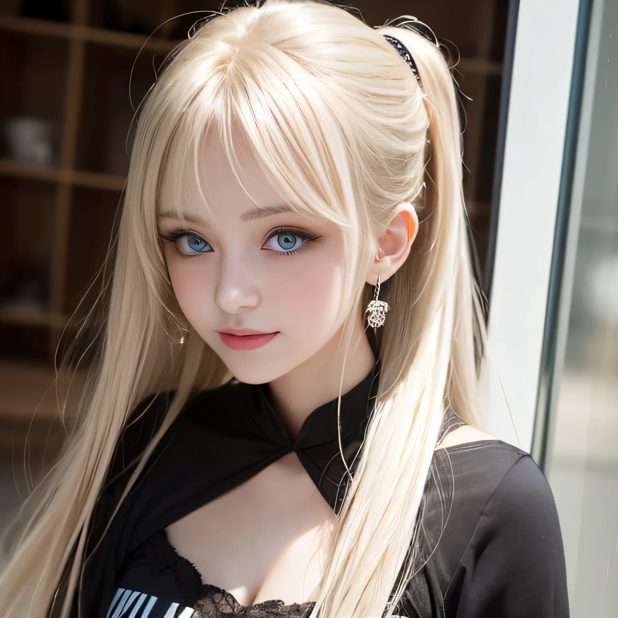 Portrait、、Bright expression、ponytail、Younger, brighter, whiter skin、Best Looks、Blonde reflection、Platinum blonde hair with dazzling highlights、Shiny bright hair,、Super long, silky straight hair、Shiny beautiful bangs、Sparkling, clear, attractive big blue eyes、A very beautiful, lovely and cute 16 year old girl、Ample breasts