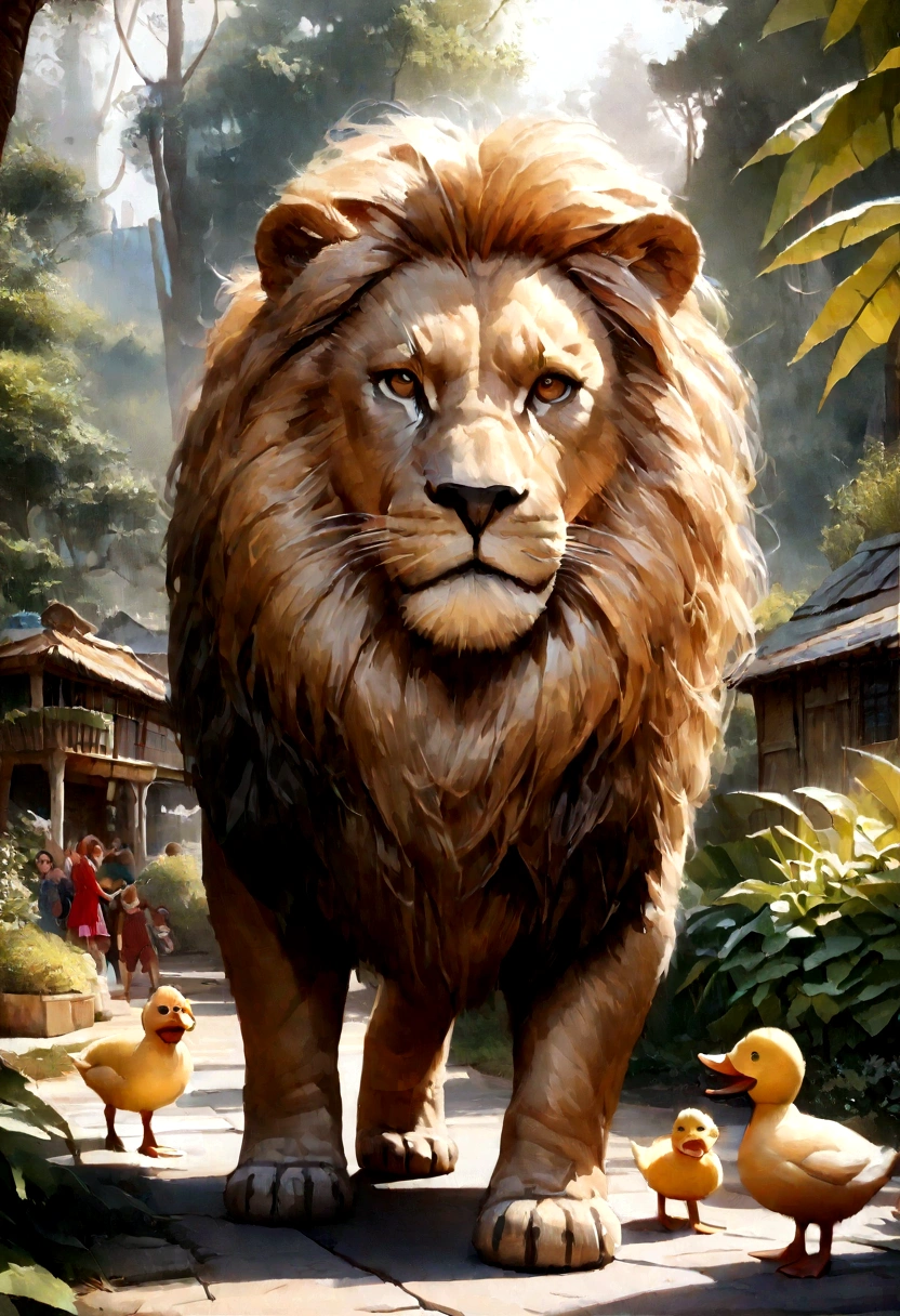 (best quality,4K,8K,height,Masterpiece:1.2),very detailed,(realistic,photorealistic,photo-realistic:1.37),hungry lion,cute duck,hug,animation,cartoon,disney,character,watercolor style:1.1,bright colors,Bright light,emotional expression,playful,run and play,strange scenery,Nature Background, clear sky, เส้นสไตล์cartoon,expressive brush strokes,Fun and lively atmosphere,Lush garden,happy energy,Magical atmosphere.