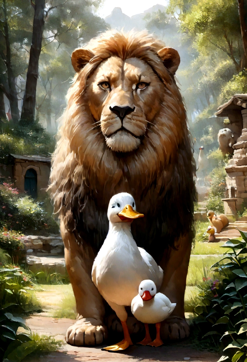 (best quality,4K,8K,height,Masterpiece:1.2),very detailed,(realistic,photorealistic,photo-realistic:1.37),hungry lion,cute duck,hug,animation,cartoon,disney,character,watercolor style:1.1,bright colors,Bright light,emotional expression,playful,run and play,strange scenery,Nature Background, clear sky, เส้นสไตล์cartoon,expressive brush strokes,Fun and lively atmosphere,Lush garden,happy energy,Magical atmosphere.