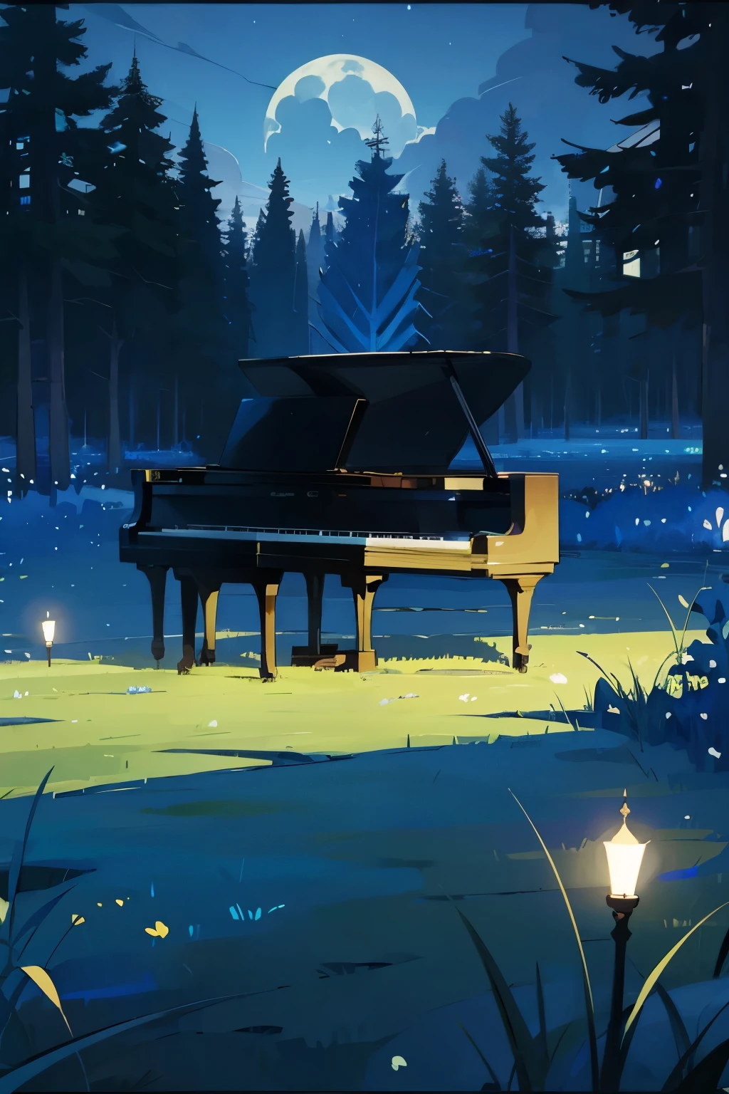 Piano in moonlight，Blue lawn，Aesthetic，Note，Purple