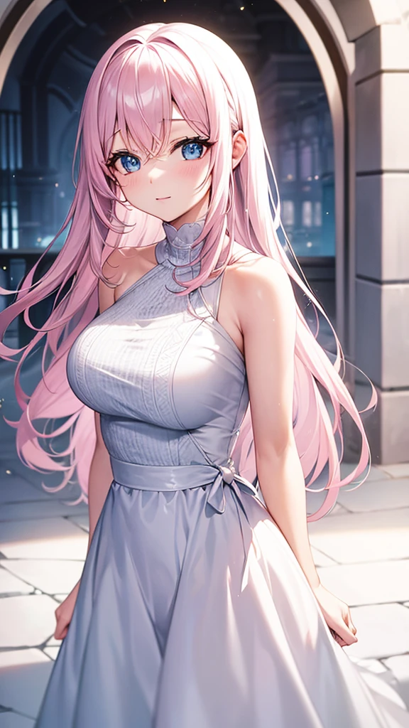 35 year old woman , long light pink hair , blue eyes... white dress with silver tones 
