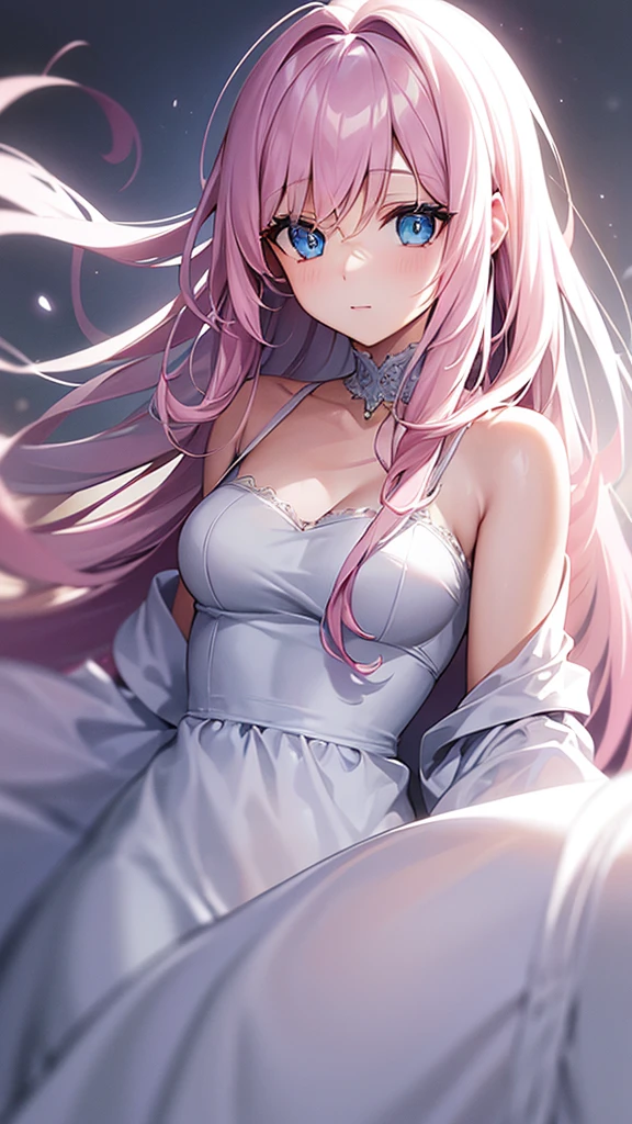 35 year old woman , long light pink hair , blue eyes... white dress with silver tones