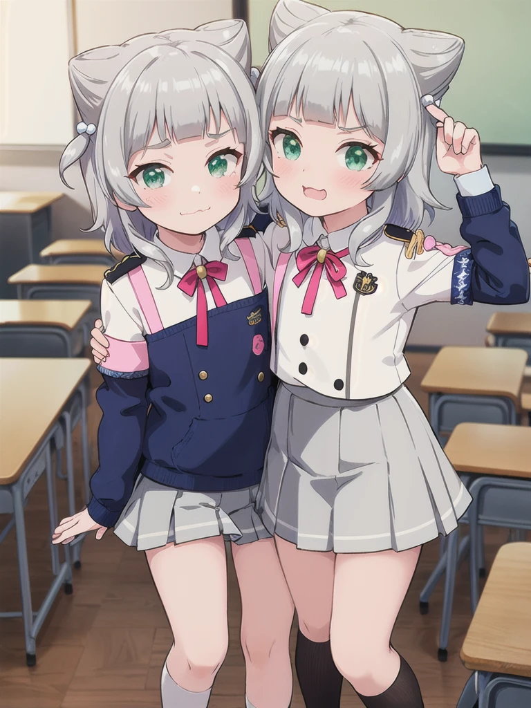 {{{{{hetero}}}}},indoor,((classroom)), Green Eyes, Grey Hair, hair ornaments, bangs, Virtual YouTuber, blunt bangs, Double Bang, Animal ears, Flat Chest,uniform,Grey Skirt,Pink Panties,blush,1boy,shoulder carriage