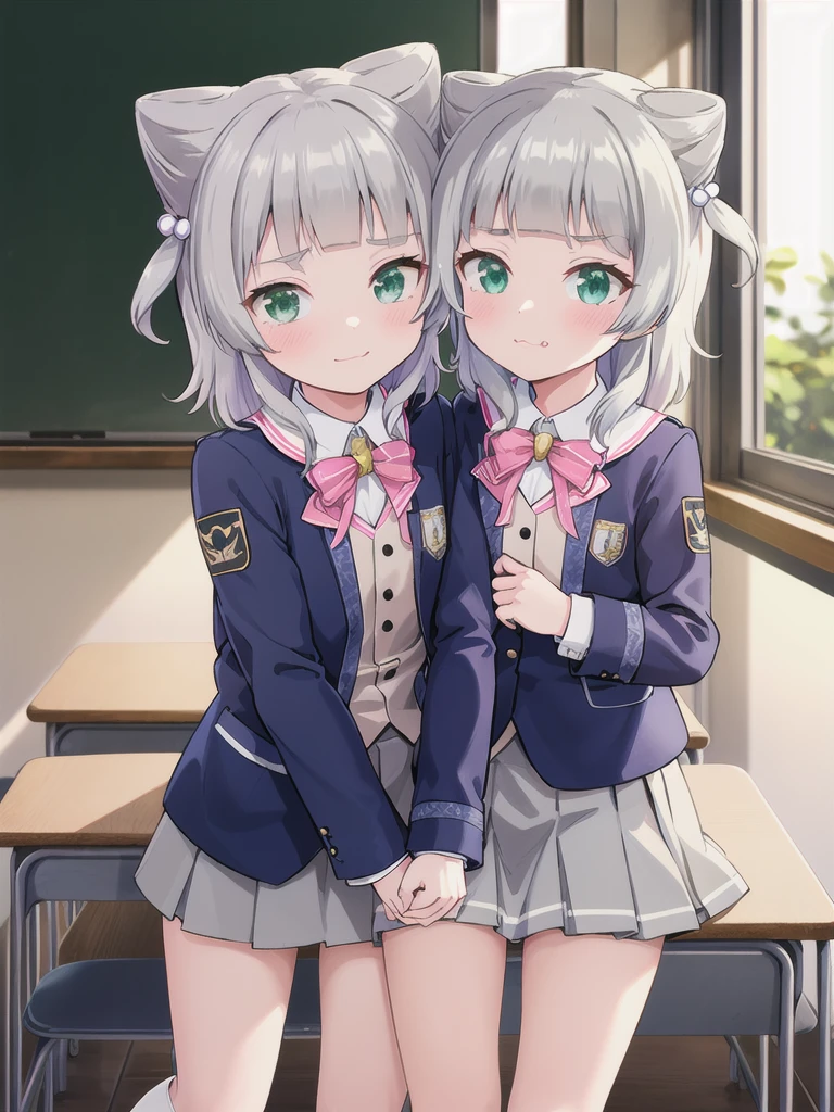 {{{{{hetero}}}}},indoor,((classroom)), Green Eyes, Grey Hair, hair ornaments, bangs, Virtual YouTuber, blunt bangs, Double Bang, Animal ears, Flat Chest,uniform,Grey Skirt,Pink Panties,blush,1boy,shoulder carriage