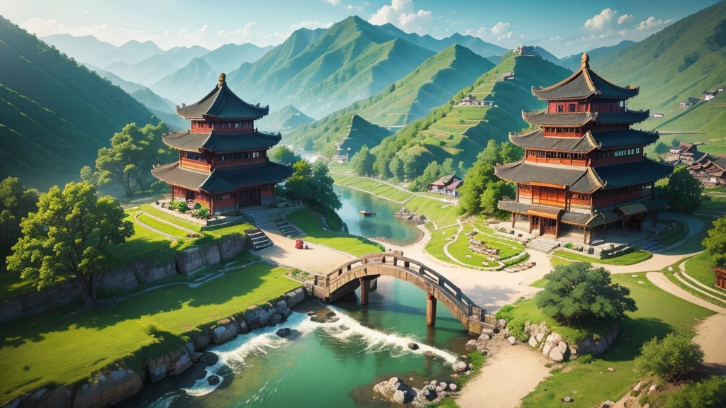 Beautiful scenery of ancient Chinese village. Aerial view, Photorealistic photos, High definition, 8K