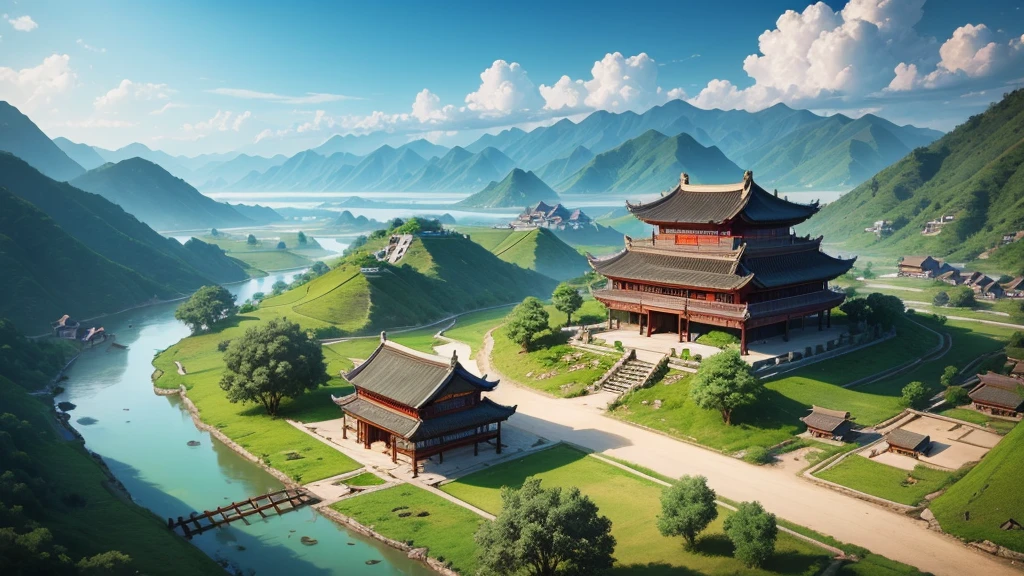Beautiful scenery of ancient Chinese village. Aerial view, Photorealistic photos, High definition, 8K