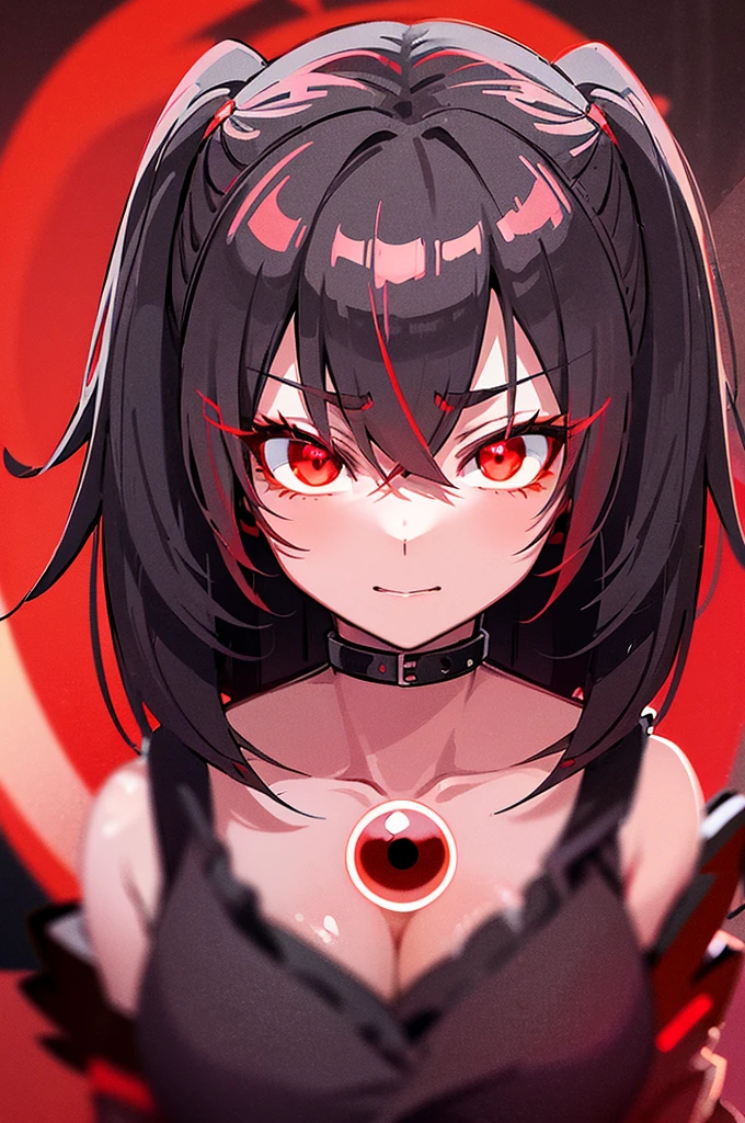 anime girl with red eyes and black hair in a city, with red glowing eyes, with glowing red eyes, detailed digital anime art, red eyes glowing, glowing red eyes, red glowing eyes, intense watery glowing red eyes, fully red eyes, luminous red eyes, with red eyes