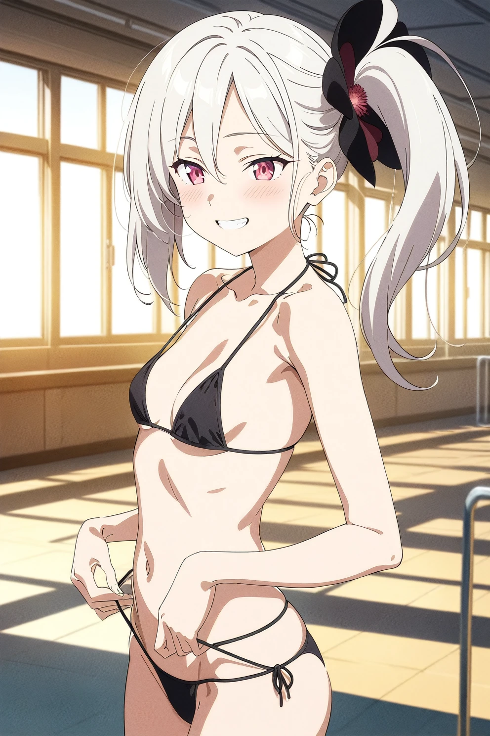 best quality, amazing quality, very aesthetic, absurdres, (1girl, mutsuki, blue archive, solo, red eyes, white hair, side ponytail), (realistic face:0.9),(string bikini:1.8),dress lift, (grin, blush, thigh:1.3), (cowboy shot), (glowing eyes), (half closed eyes:0.9), (from side:2), (official art:1.3), (pool), (expressive eyes, perfect face, 4k, extremely detailed anime illustration, extremely detailed eyes), perfect anatomy, light rays, extremely delicate body, smooth skin, (school background:1.5), clear eyes, beautiful face, small breasts,(anime style:1.7), (Warm Light:1.5), (highres:2),