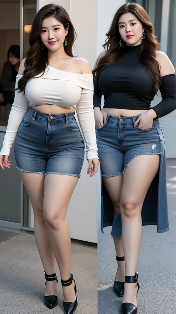 ((best quality, 8K, masterpiece: 0.8)), Smiling fat woman ((best quality)), ((masterpiece)), (detailed), Perfect face, Fat Chinese woman wearing black long-sleeved shirt and blue jeans, thickness, She has a round belly, bbw酱, Wear tight and sexy clothes, 细腰thickness臀, Widest hips, Her belly is thin and round, Soft curves, hyperPractical full figure, Wearing a cute top, Wide hips, Off-the-shoulder design,Bare belly,(Big Ass:0.7),Long legs,, thickness, Beautiful plump woman, Beautiful curvy women,, tall,Clear curve details, Curvy hourglass figure, Attractive plus-size models, bbw酱, full image, Surface Model, Curvy body, (full-body shot)blush, 1girll fat , Become a, , Golden Ratio,(Korean Idol),(White and tender skin:),High quality background, HD, Practical, HDR. office,Half sitting at the desk,Skin as white as paper