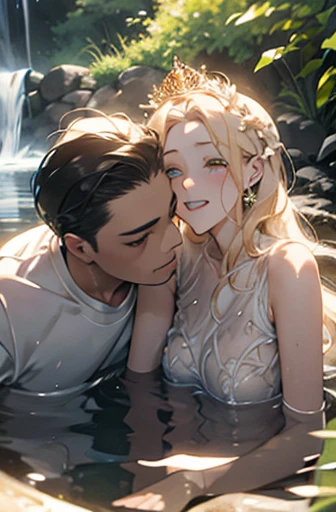 A princess and an older man are playing in water, wet dress, laughing, lustful, detailed face, golden eyes