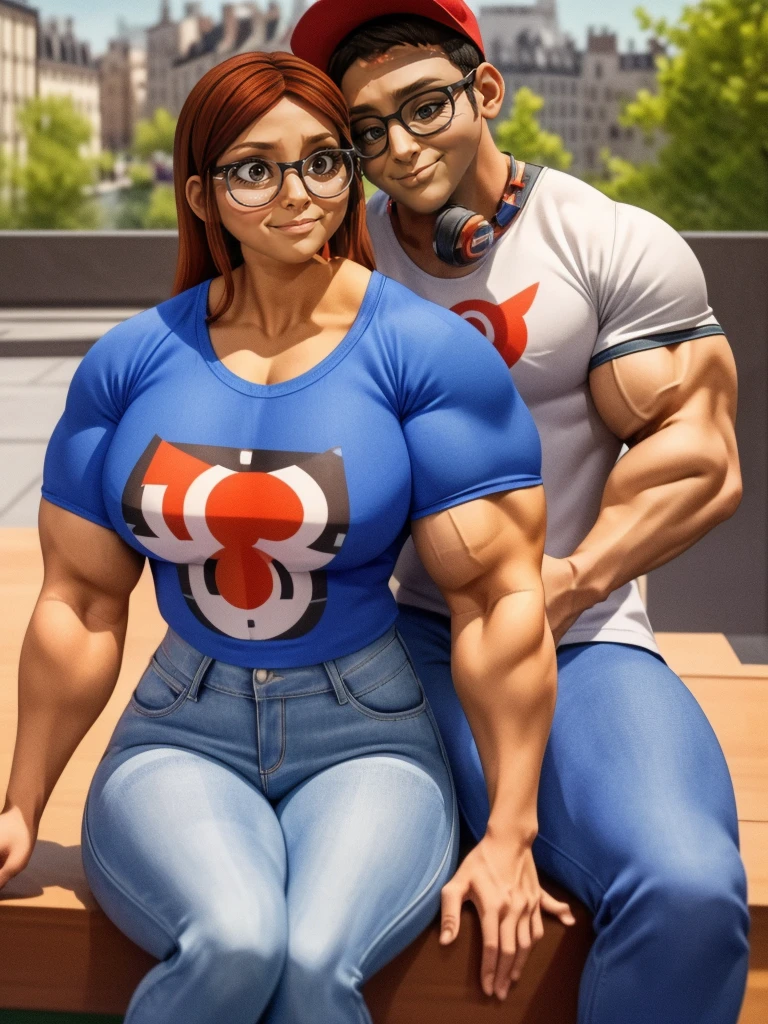 (masterpiece, best quality:1.2), A couple , boy Nino Lahiffe: Brown skin, dark hair, usually seen wearing a red cap, glasses, and casual clothing like a T-shirt and jeans, and a girl Alya Césaire: Brown skin, curly dark brown hair, often wears glasses, and typically seen in stylish, casual outfits. A casual day out with both characters in their everyday attire,Sharing a tender moment, like sitting on a rooftop overlooking Paris..(girl and boy:1), smiling, ((high resolution illustration)), ((extremely detailed)), (couple), Alya, Nino, Nino X Alya, (best quality,4k,8k,highres,masterpiece:1.2), ultra-detailed, realistic:1.37, HDR, studio lighting, extreme detail description, nino wearing a red cap, professional, vibrant colors, bokeh, ((muscular female bodybuilder)), detailed lips, strong embrace, romantic scene, intimate moment, intense passion, athletic bodies, fitness couple, gym background, muscular definition, sculpted muscles, sweat glistening,muscular.