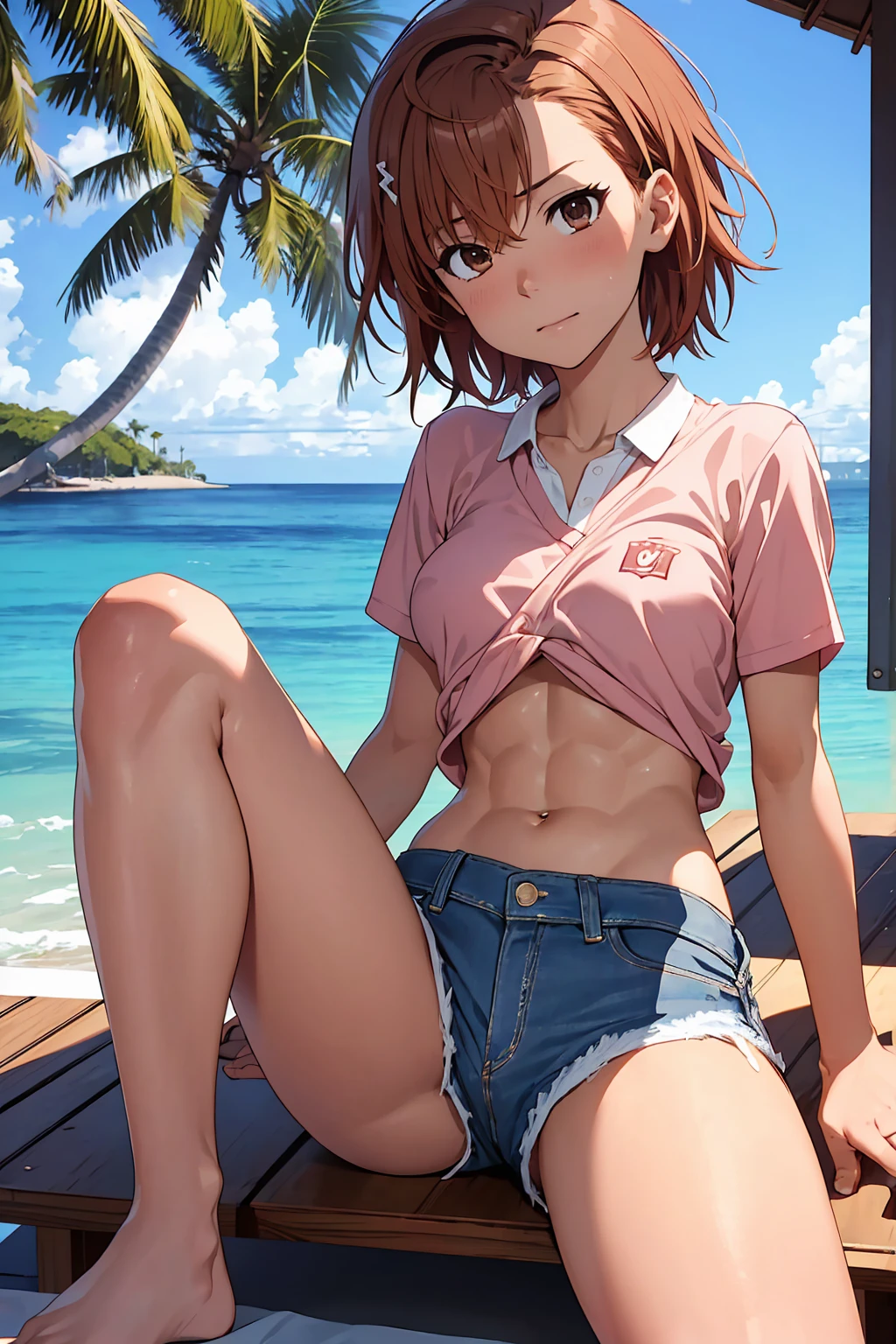 NSFW Highest quality Best image quality 4k ,{Misaka Mikoto} {{shirt lift}}++ Plain pink shirt topless, Underboob Beautiful nipples Short hair Brown hair, Brown eyes,short hair(Beautiful Abs Denim Shorts , Embarrassed face sit Beautiful beach Wet MCharacter splits