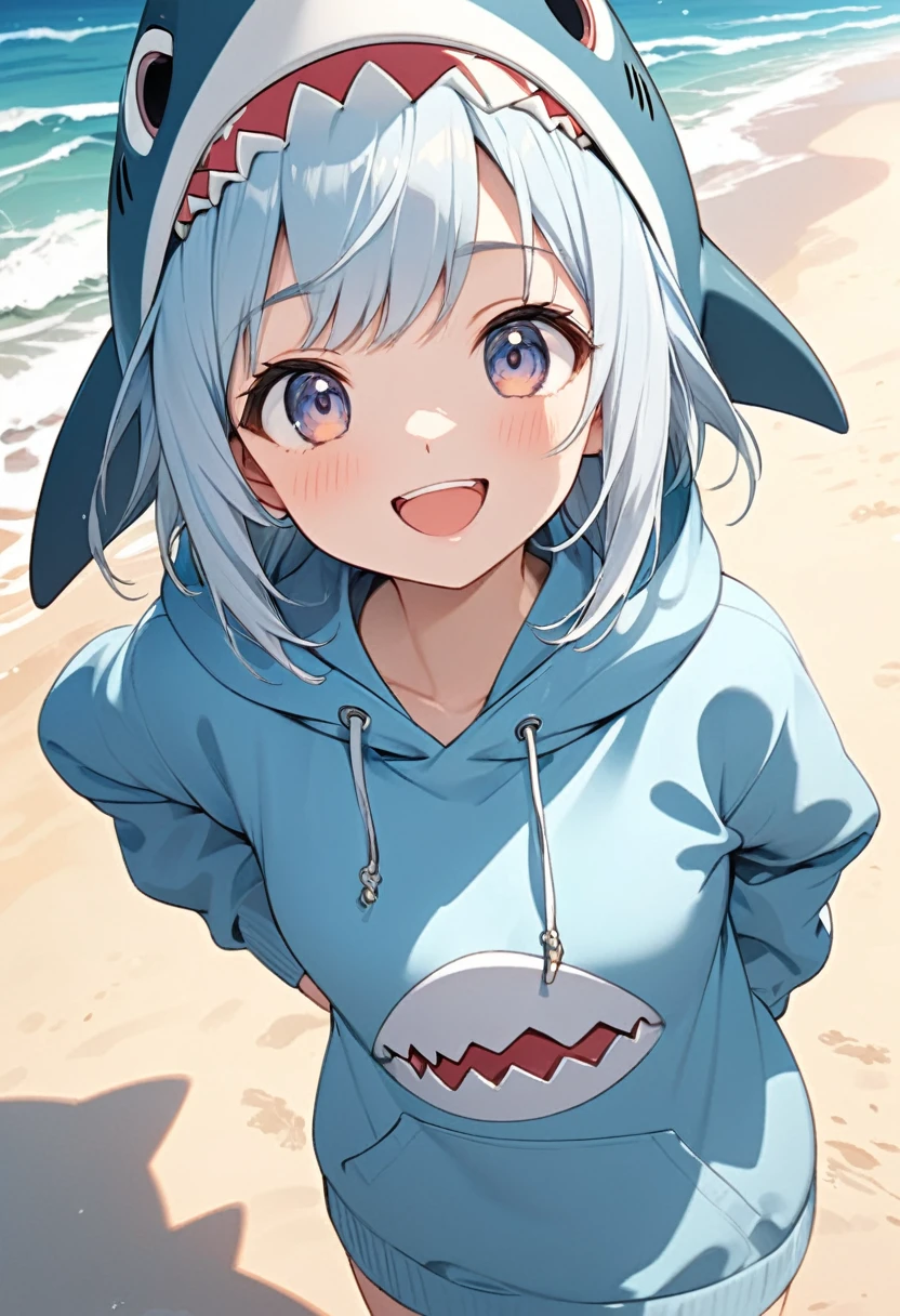 
         Cute light blue haired girl(Close)，Wearing a blue hoodie，shark head hat, Close-up shot of a happy and lively character standing on the beach( perfect anatomy ) 

                 Beautiful and extremely fine texture，detailed, bright, High-quality animation style presentation
