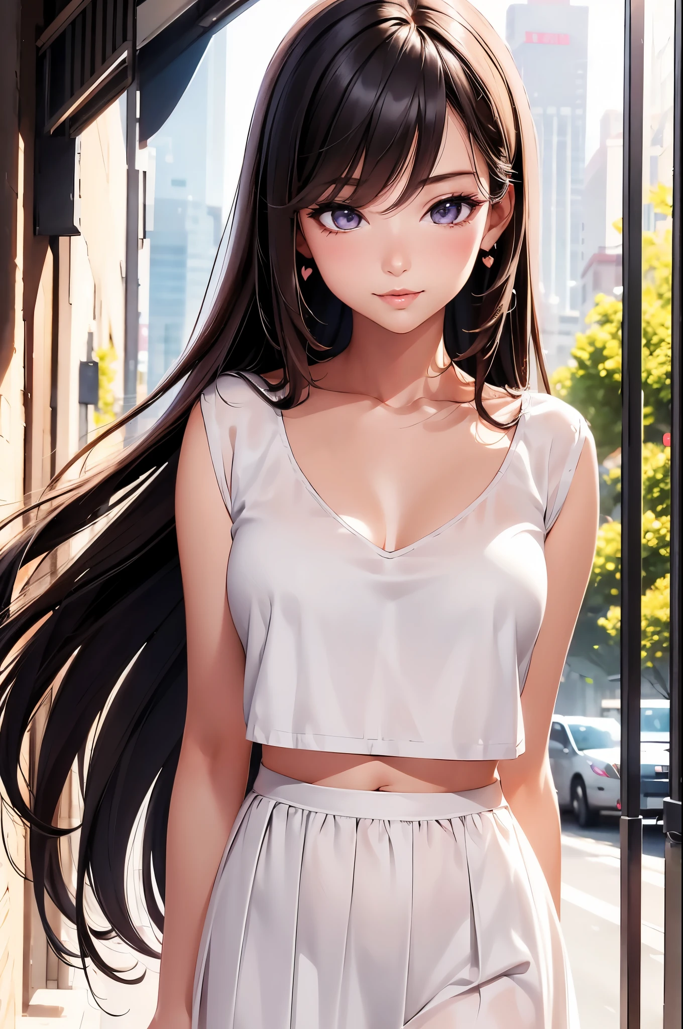 1 lady, Beautiful asian lady, Long straight hair, beautiful face, delicate eyes, detailed pupil, beautiful and delicate lips, white camisole long skirt, Simple and stylish, hand drawn animation, high detailed, outdoor, blush, shy, heart, in love,