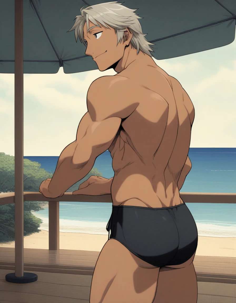 1man, japanese dilf, physical teacher, 40yo, big nose, gray hair, tanned skin, forehead, handsome, masculine, pentagon face, middle-muscular, stocky waist, middle-large eyes, japanese like don johnson, crewcut, builtfat, slighty chubby, BREAK black swim bikini, topless, off shot, male nipples, abs, thigh, fullbody, solo, looking side, soft smile, sexy posing, seaside, from side, detailed back ground, visual novel, 2000s, extreme all detailed, masterpiece, best quality