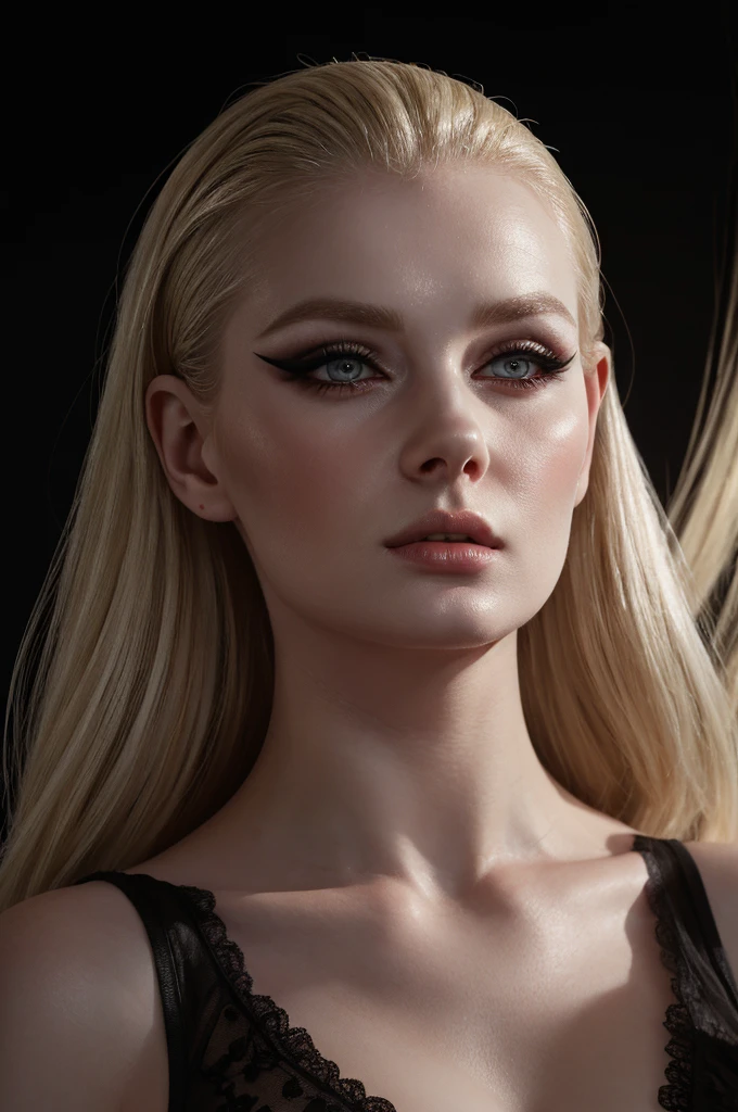 woman pretty, blonde, slicked back with bunhair, blonde hair , big breast,  sexy, pale skin , eyeliner ,white skin,foxy eyeliner , makeup ,pale woman painting, beautiful light deep focus, elegant, digital painting, smooth, dramatic lighting , 8k, art , black background,black background, black wallpaper