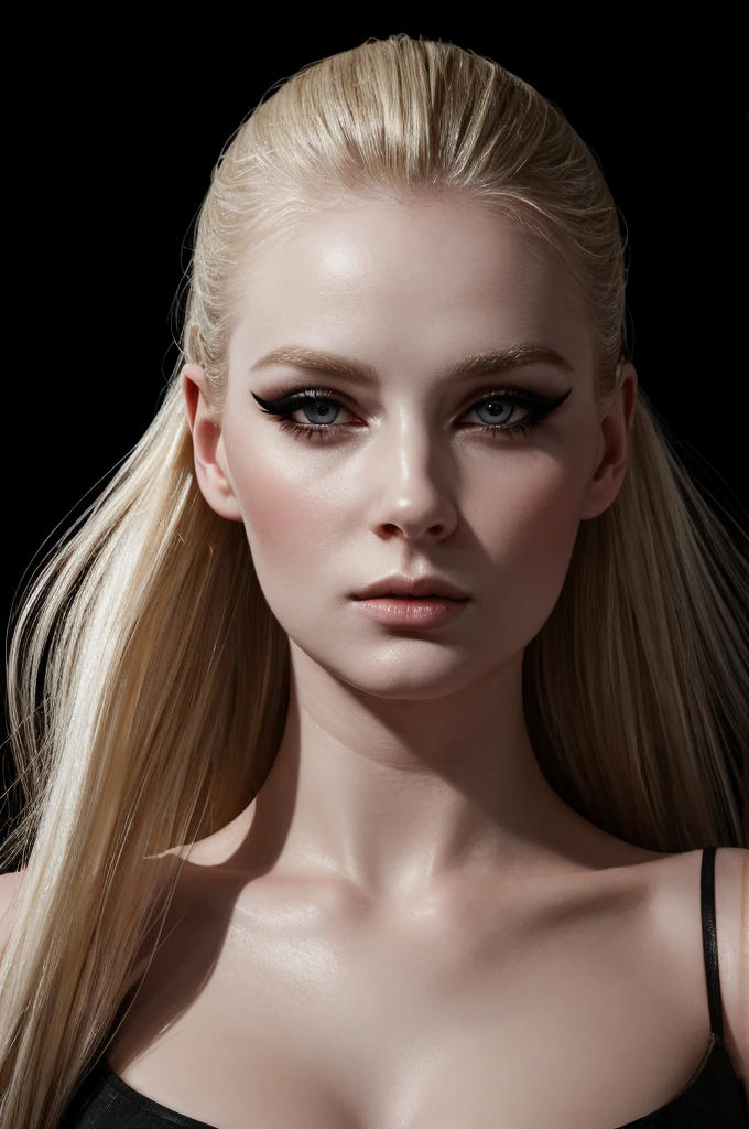 woman pretty, blonde, slicked back with bunhair, blonde hair , big breast,  sexy, pale skin , eyeliner ,white skin,foxy eyeliner , makeup ,pale woman painting, beautiful light deep focus, elegant, digital painting, smooth, dramatic lighting , 8k, art , black background,black background, black wallpaper