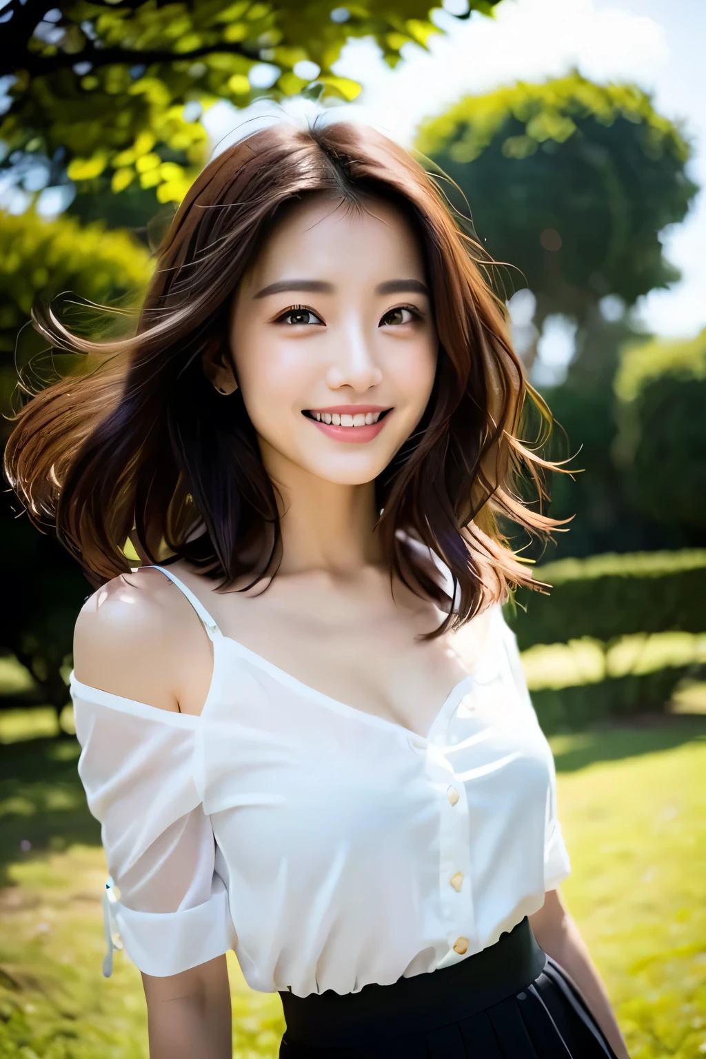 (((A beautiful woman standing in a windy park:1.3))),(Hair blowing up in the strong wind:1.3),(Shirt floating in strong wind:1.3),(Skirt floating in strong wind:1.3),Hold down the rising frilled skirt with your hands:1.3),Off the shoulder,White shirt,Looking at the audience,whole body,From above,look up,Beautiful Hands,(Reddish brown wet shiny short messy hair),Blushing cheeks,Pointed red mouth,Big Breasts,Accentuate your breasts,Perfect body curves,Beautiful clavicle,((Expressing happiness through facial expressions:1.3))),Nice face,
Detailed clothing features,Detailed hair features,Detailed facial features,Looking at the camera,,(Dynamic and sexy pose),Cinematic Light,(Highest quality,Written boundary depth,Intricate details,The contrast of light and shadow makes the subject appear three-dimensional,) ,Digital single-lens reflex camera, (Photorealistic),(Picture Mode Ultra HD,)
