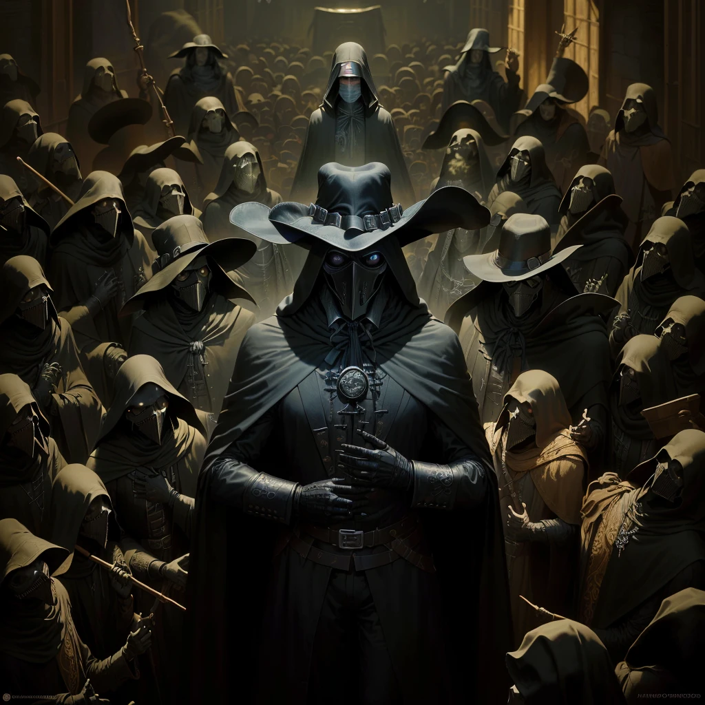 arafed image of a man in a black cloak and hat standing in front of a crowd of skeletons, dan mumford tom bagshaw, by Eddie Mendoza, the plague doctor, plague doctor, the plaguefather, cowboy plague doctors, by Pablo Munoz Gomez, adi granov, el bosco and dan mumford, guillem h. pongiluppi