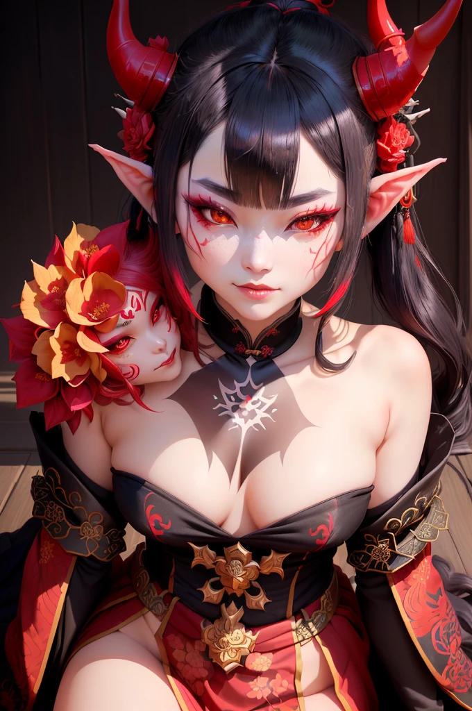 a close-up of a woman with horns and flowers on her head, DND portrait of a Tiefling, portrait of Demon Girl, tiefling, Asura from Chinese mythology, Portrait of a female demon, oni horns, Onmyoji Portrait, inspired by Ryūkōsai Jokei, handsome japanese demon boy, Villain with a red Oni mask, Demon Girl
