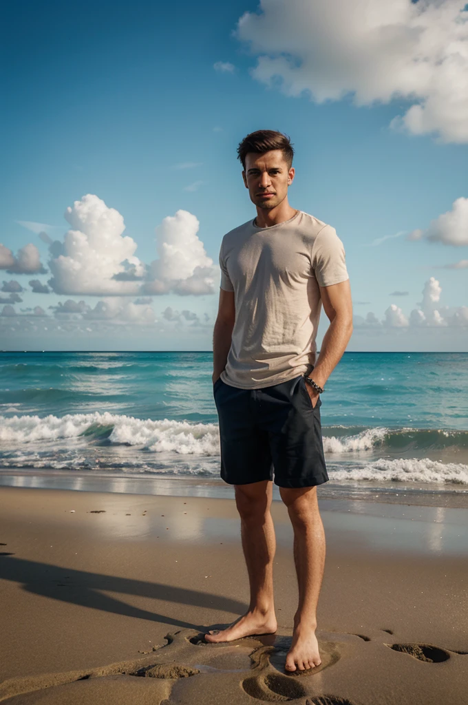 4D cartoon of a man with short hair standing on a beach background, HD quality