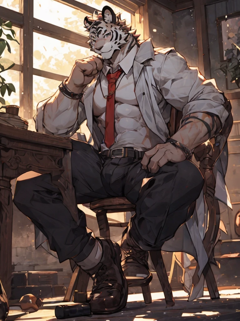 {{bara extremely handsome white tiger,}} {{white fur,}} white, wearing military like ornate trench coat, trousers, white dress shirt and necktie, white fluffy furry body and limbs, loafers, very tall, very broad shoulders, narrow waist, muscular arms, massive pecs, purple eyes, very long legs, sitting on swivel chair with legs spread, from below perspective, massive bulge, sophisticated hot look, sexy pose, full body, sunlight casting over, 3/4 view, best quality, high quality, silver earring on left ear, sultry smirk