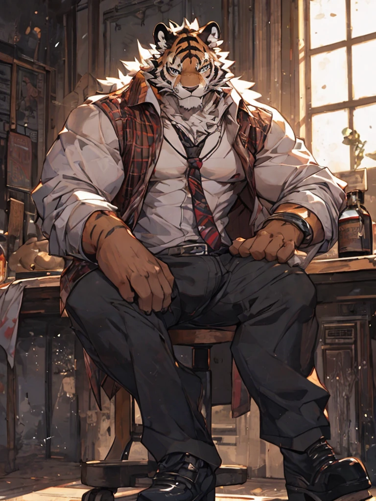 {{bara extremely handsome white tiger,}} {{white fur,}} white, wearing military like ornate trench coat, trousers, white dress shirt and necktie, white fluffy furry body and limbs, loafers, very tall, very broad shoulders, narrow waist, muscular arms, massive pecs, purple eyes, very long legs, sitting on swivel chair with legs spread, from below perspective, massive bulge, sophisticated hot look, sexy pose, full body, sunlight casting over, 3/4 view, best quality, high quality, silver earring on left ear, sultry smirk
