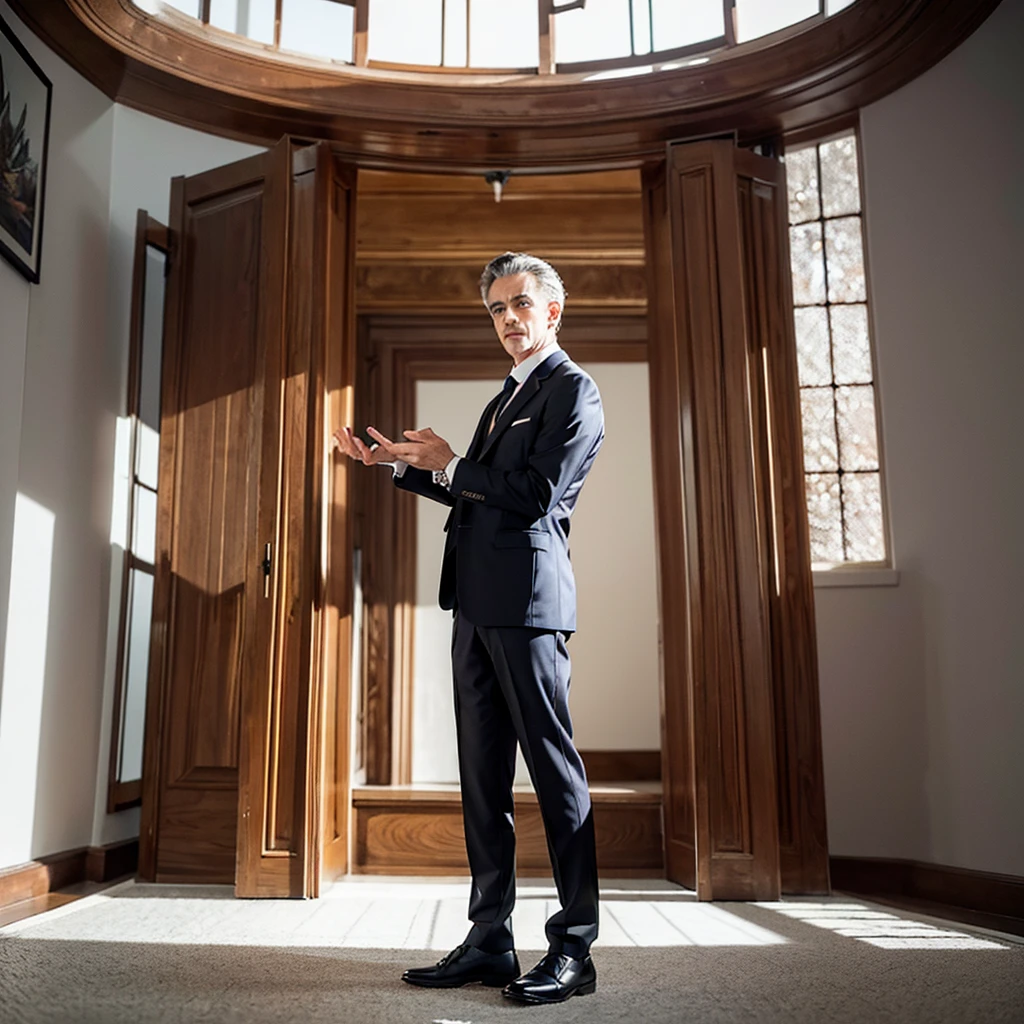 Create an image of Jordan Peterson as an anime character in a definitive anime style. Portray him with sharp, expressive features and vibrant, detailed eyes. Dress him in a sleek suit and tie, and give him a thoughtful, intense expression. Position him in a dynamic pose, perhaps holding an open book or gesturing as if making a point. The background should be an academic or philosophical setting, like a library with tall bookshelves or a study room filled with books and intellectual paraphernalia. Use bold, vivid colors and dramatic shading typical of anime to enhance the overall aesthetic.