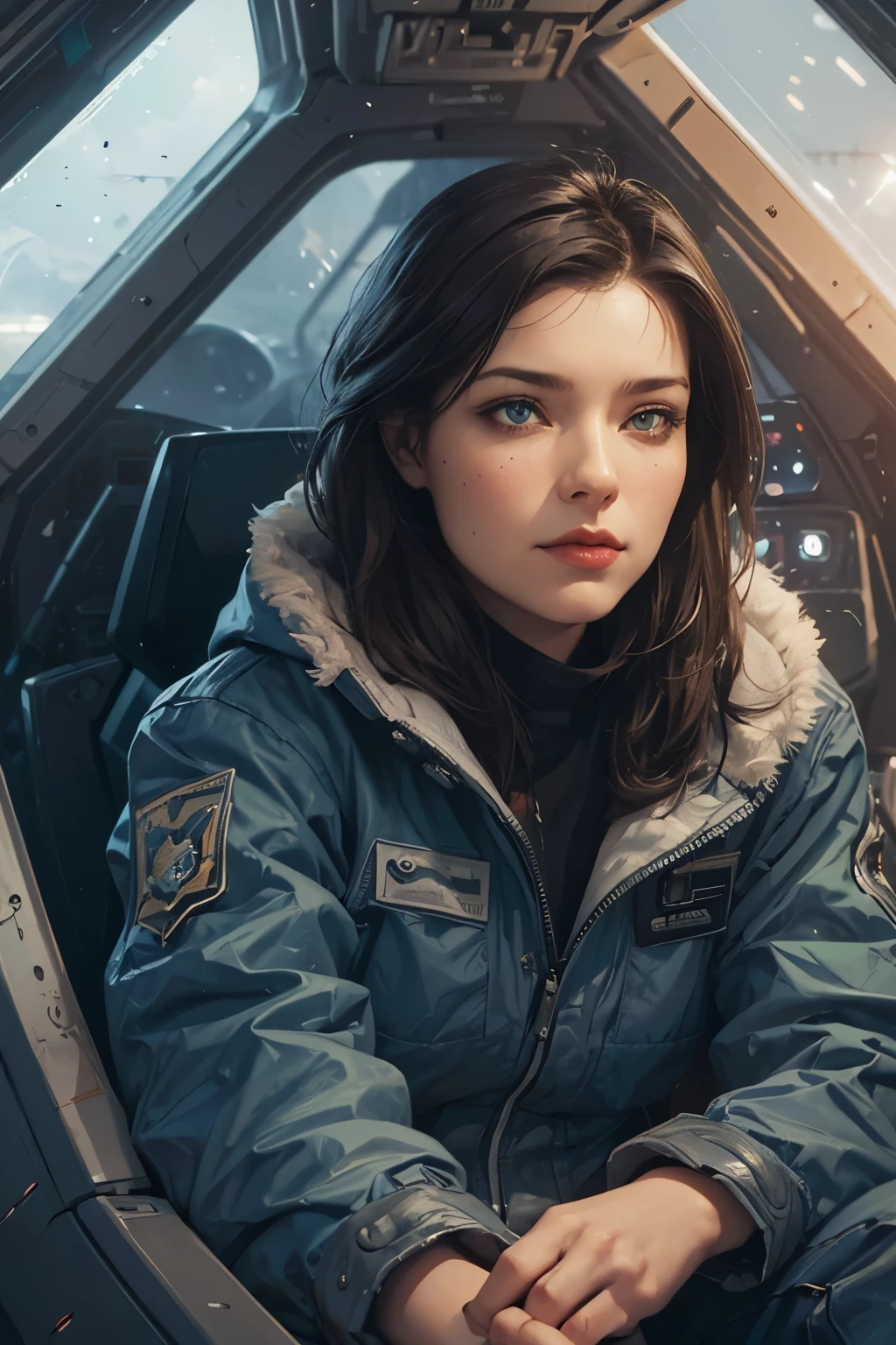 Arafed image of a woman sitting in the cockpit of a spaceship, Vojtek Fuss, Sci-Fi Pilot, character portrait art, Epic portrait illustration, Beautiful sci-fi art, Detailed sci-fi art, anato finnstark and alena aenami, Epic sci-fi character art, Epic sci-fi character art