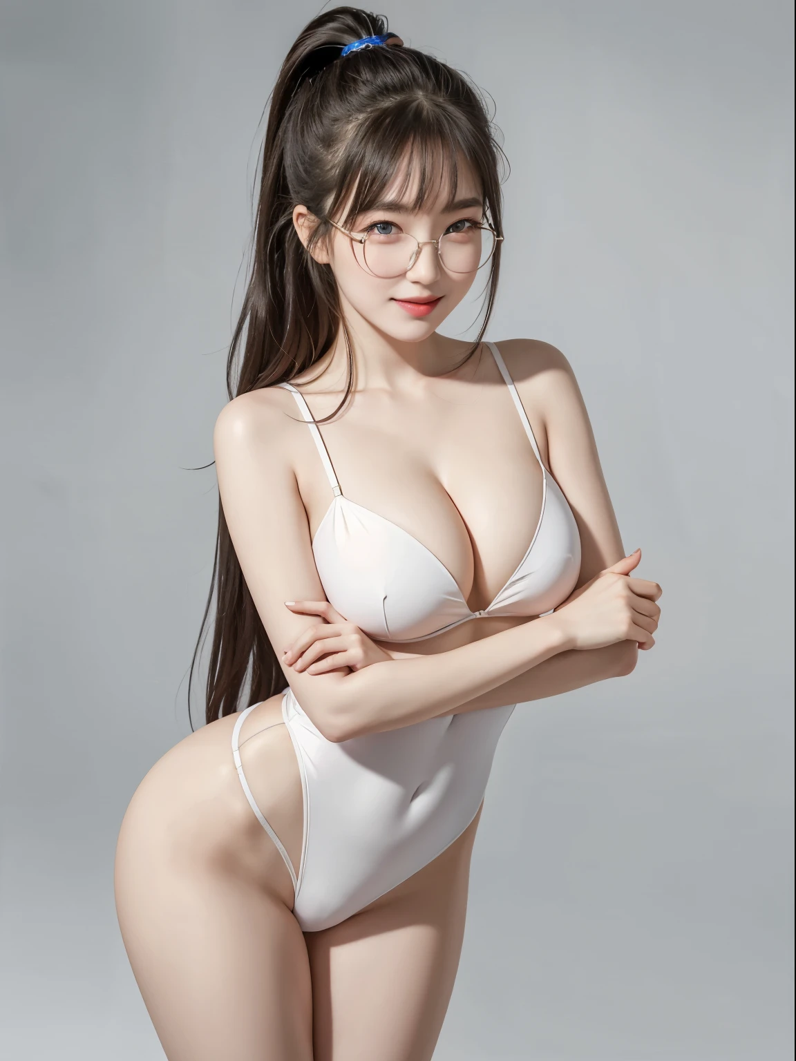 (Best quality, masterpiece, detailed), (RAW, 4k, hd images), 1 girl, , white skin, long hair, ponytail, layers hair, bangs, black hair, beautiful girl, cute girl, sweet girl, pretty girl, perfect girl, perfect body, pretty eyes, blue eyes, thin lips, (eye line, lip soft), perfect round breast, glasses(detailed frame), simple background, smile, thigh, legs, bunny costume, full body, modeling pose, free style pose, random angle capture, sexy