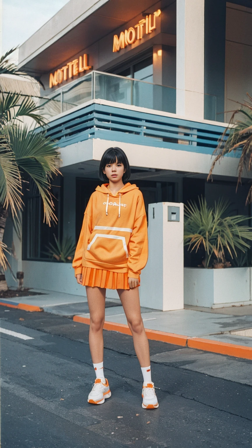 long shot portrait of cute 23 yo girl, (natural big breast) ,wear (((orange color oversized hoodie))), wear ((purple tennis skirt)),looking front,Best Quality,Masterpiece,Ultra High Resolution,(Realisticity:1.4),Original Photo, 1Girl, light leak,ultra high resolution,UHD,beautiful, (black bob hair), almond eye, no makeup, in front of (80's mondrian architecture motel), (realistic:1.2), (surreal:1.3), (very detailed:1.1), ((masterpiece)),summer, blue sky, palm trees,sunny, los angles vibes,film camera, 800mm lens,style of Philip Lorca diCorcia