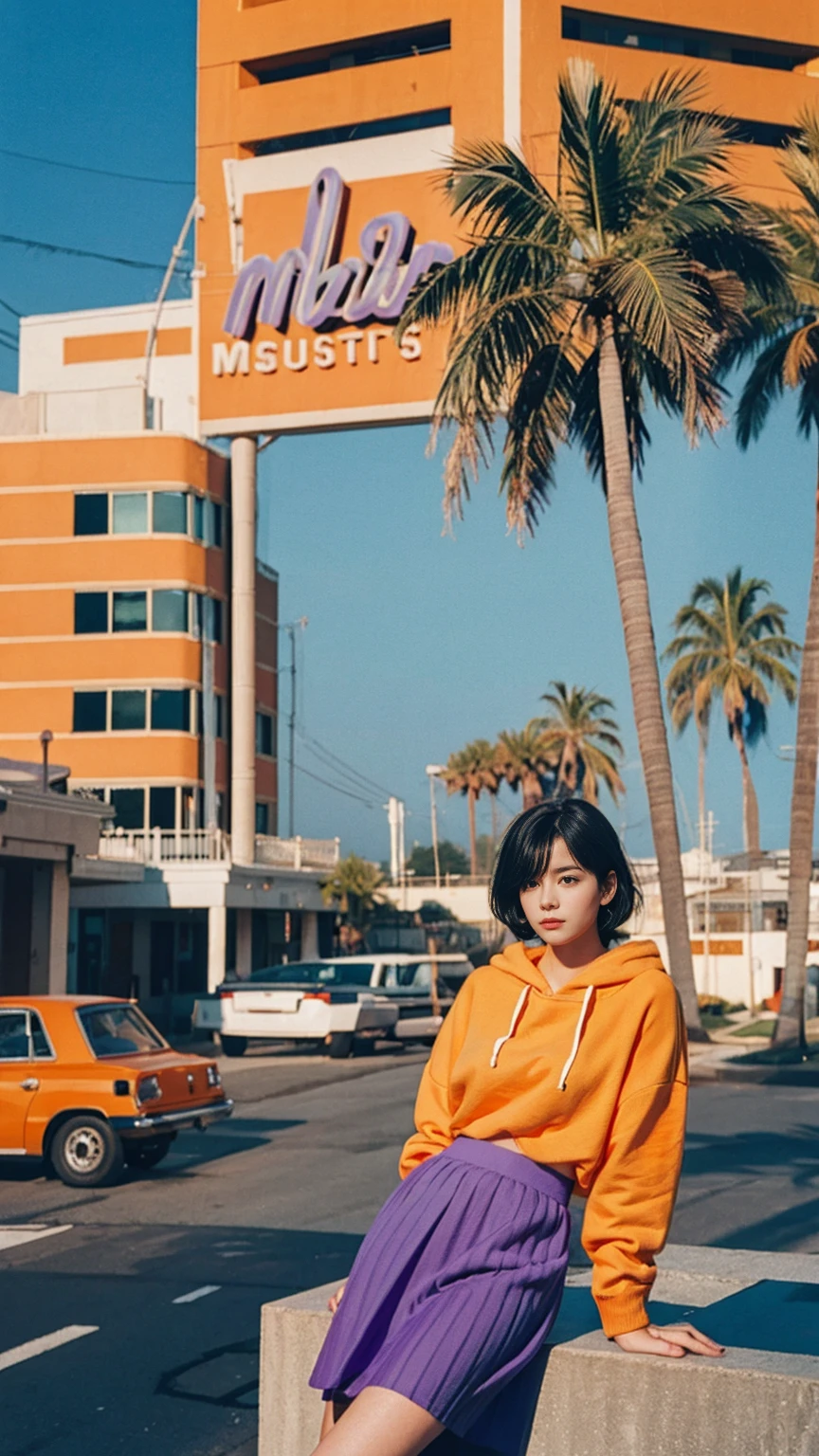 long shot portrait of cute 23 yo girl, (natural big breast) ,wear (((orange color oversized hoodie))), wear ((purple tennis skirt)),looking front,Best Quality,Masterpiece,Ultra High Resolution,(Realisticity:1.4),Original Photo, 1Girl, light leak,ultra high resolution,UHD,beautiful, (black bob hair), almond eye, no makeup, in front of (80's mondrian architecture motel), (realistic:1.2), (surreal:1.3), (very detailed:1.1), ((masterpiece)),summer, blue sky, palm trees,sunny, los angles vibes,film camera, 800mm lens,style of Philip Lorca diCorcia