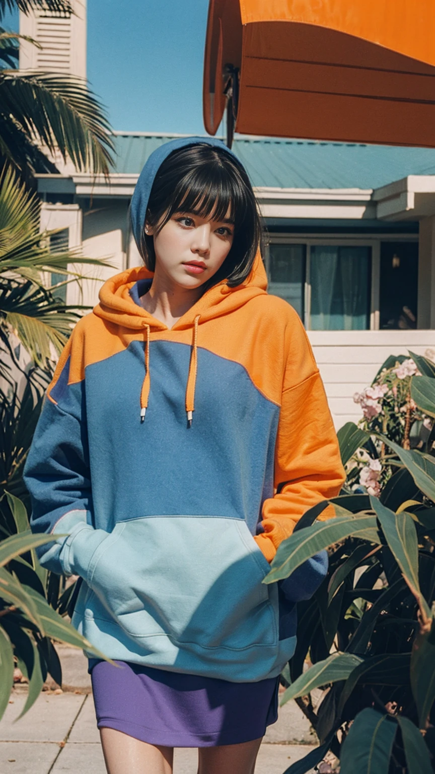 long shot portrait of cute 23 yo girl, (natural big breast) ,wear (((orange color oversized hoodie))), wear ((purple tennis skirt)),looking front,Best Quality,Masterpiece,Ultra High Resolution,(Realisticity:1.4),Original Photo, 1Girl, light leak,ultra high resolution,UHD,beautiful, (black bob hair), almond eye, no makeup, in front of (80's mondrian architecture motel), (realistic:1.2), (surreal:1.3), (very detailed:1.1), ((masterpiece)),summer, blue sky, palm trees,sunny, los angles vibes,film camera, 800mm lens,style of Philip Lorca diCorcia