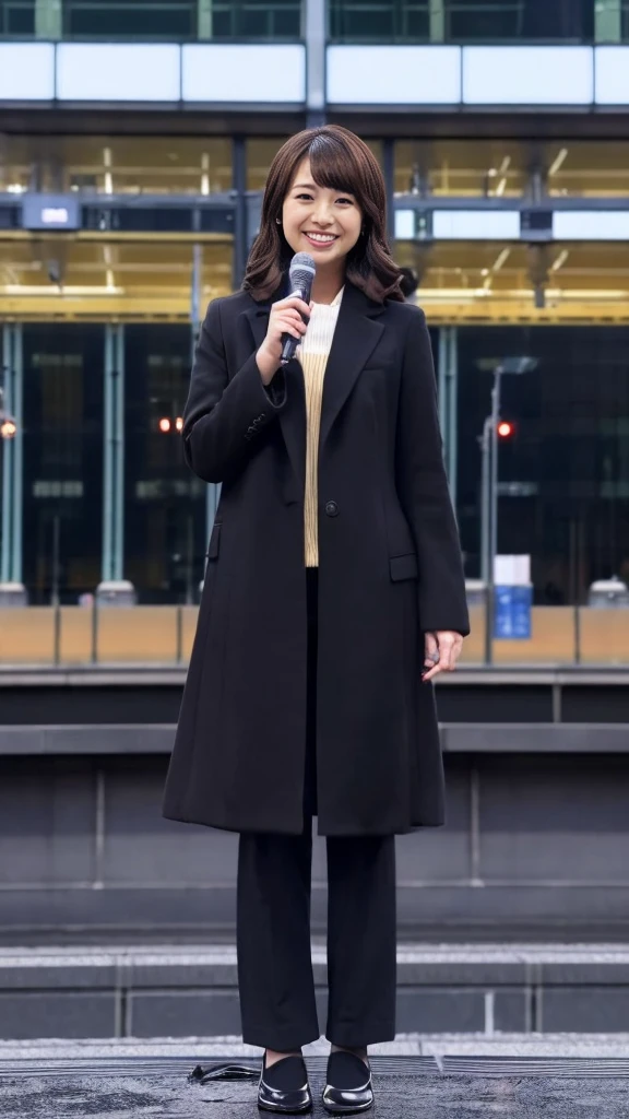 Full-body photo of a cute Japanese weather forecaster wearing a black pantsuit and coat,Medium Hair, pumps,A girl broadcasting live with a microphone in both hands,Broadcasting with a microphone outdoors in Tokyo in winter,Standing in front of Tokyo Station,wearing pumps and black tights,masterpiece