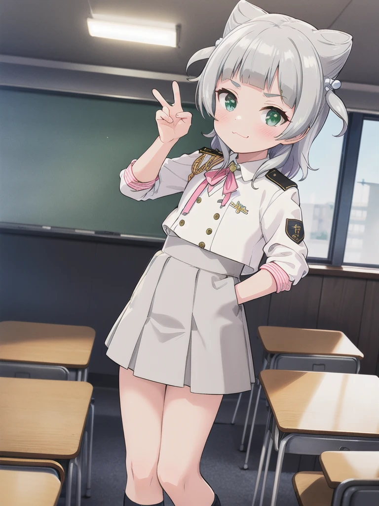 indoor,((classroom)), Green Eyes, Grey Hair, hair ornaments, bangs, Virtual YouTuber, blunt bangs, Double Bang, Animal ears, Flat Chest,uniform,Grey Skirt,Pink Panties,blush,1boy,{{shoulder carriage}}