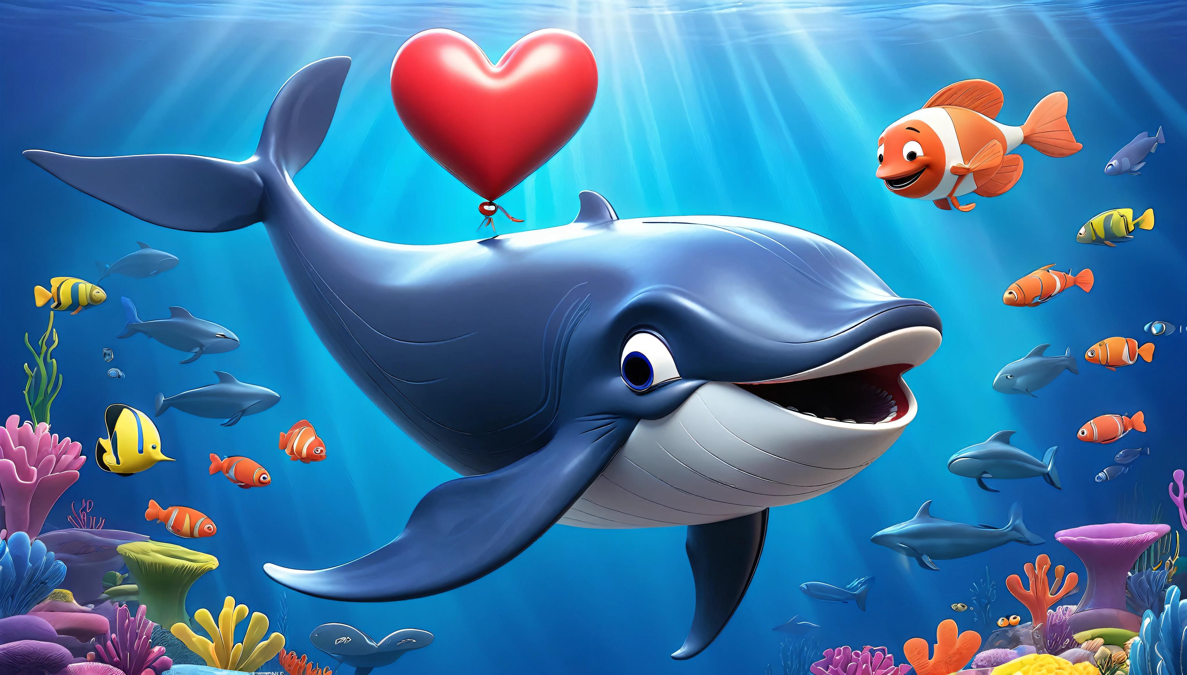 Create a 3-D Pixar style art scene for kids featuring a blue whale with a heart as big as a small car next to it. The scene should be colorful and vibrant, with an ocean background, coral reefs, and schools of fish. The overall mood should be engaging and inviting for young children.