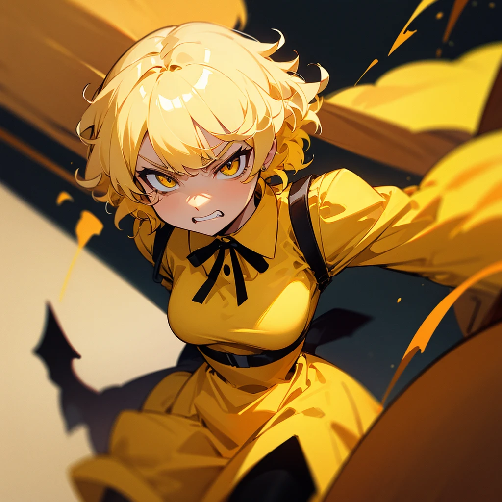 Blonde Short Hair　Curly hair　Angry face　Yellow Dress　Devil&#39;s Wings