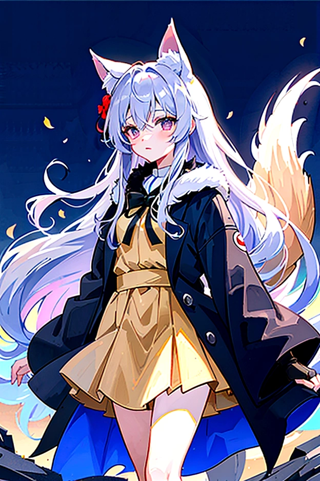 fox Light blue hair beast girl indigo fur fox beast girl Sesshomaru, Yellow eyes, Anime, Perfect face, Perfect Lighting, Outdoors, Warm colors, Dark purple sky, Autumn sunset, \(inuyasha\), Bearing Claw, Ready to fight wave, koi fish, anime artstyle, wide view, fluffy. yellow fox, marking under the eyes, crystal antler ,violet eyes, wearing bandanna, flower petals, Ambient light,Ultra-fine fur,volumettic light,natural lightting,fox tail,nevando,35mm。High quality, high detal, Best quality, hyper HD,individual,Single