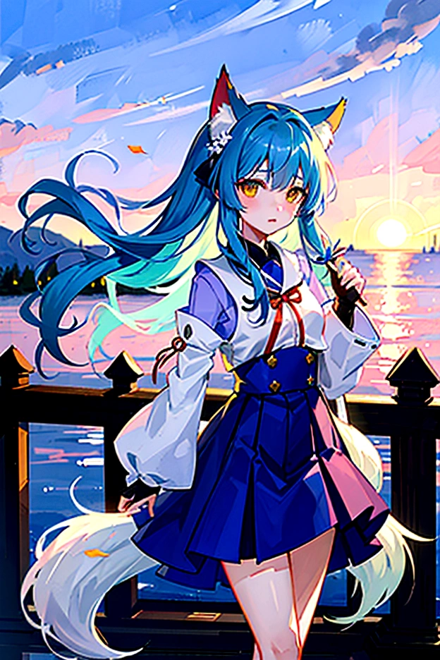 fox Light blue hair beast girl indigo fur fox beast girl Sesshomaru, Yellow eyes, Anime, Perfect face, Perfect Lighting, Outdoors, Warm colors, Dark purple sky, Autumn sunset, \(inuyasha\), Bearing Claw, Ready to fight wave, koi fish, anime artstyle, wide view, fluffy. yellow fox, marking under the eyes, crystal antler ,violet eyes, wearing bandanna, flower petals, Ambient light,Ultra-fine fur,volumettic light,natural lightting,fox tail,nevando,35mm。High quality, high detal, Best quality, hyper HD,individual,Single