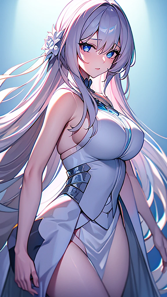35 year old woman , long light pink hair , blue eyes... white dress with silver tones