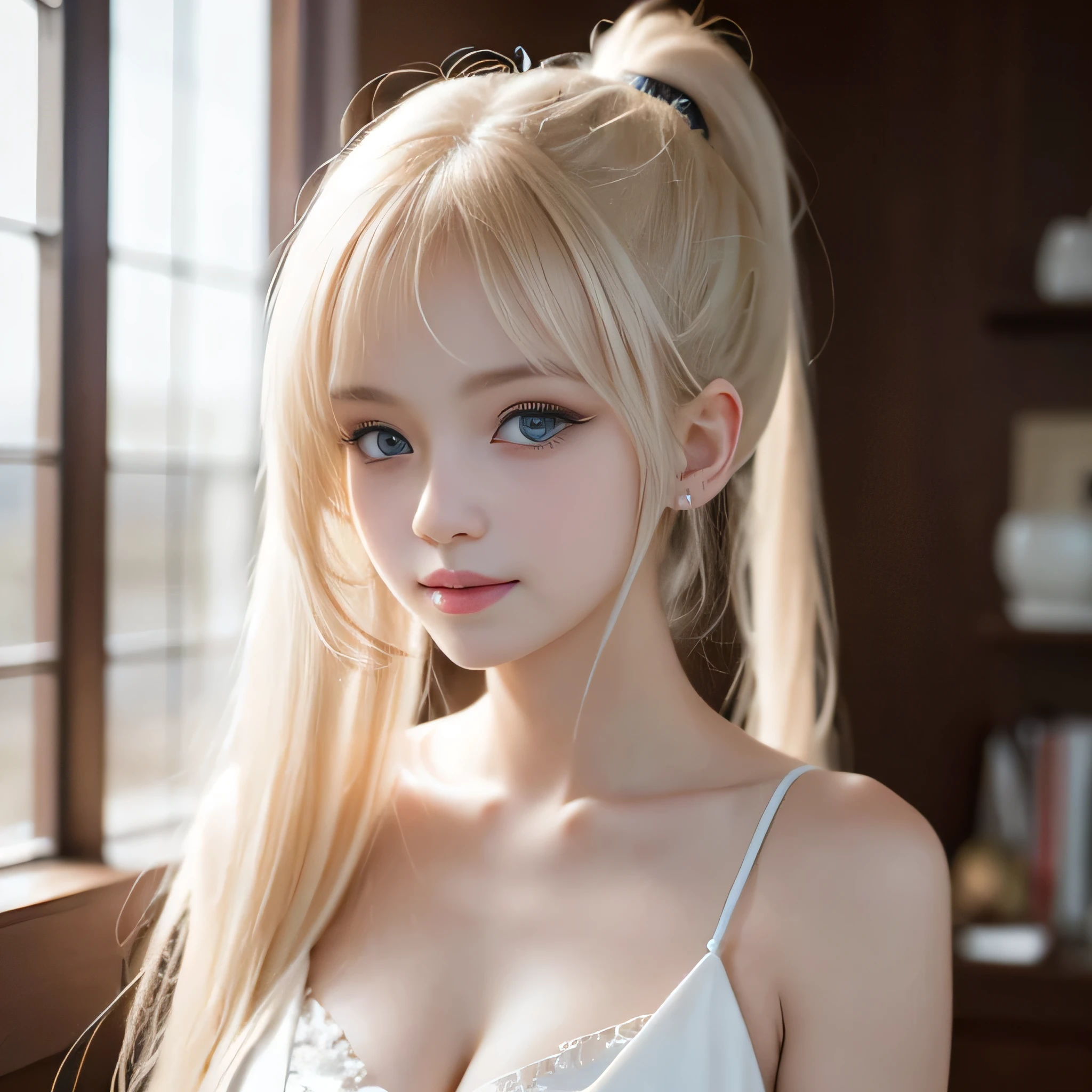 Portrait、、Bright expression、ponytail、Younger, brighter, whiter skin、Best Looks、Blonde reflection、Platinum blonde hair with dazzling highlights、Shiny bright hair,、Super long, silky straight hair、Shiny beautiful bangs、Sparkling, clear, attractive big blue eyes、A very beautiful, lovely and cute  girl、Ample breasts