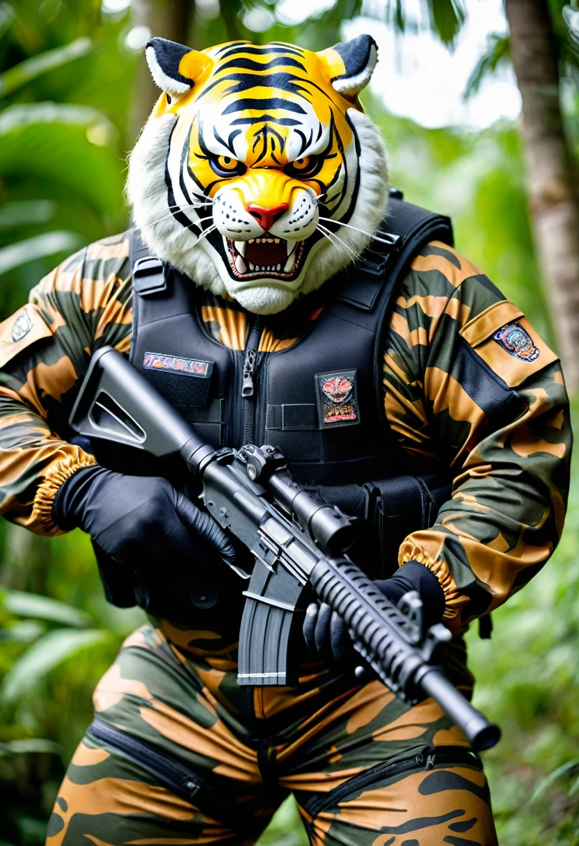 (a dark-skinned fat old man in a bulky camouflage zipper diver suit) shooting with a gun and (wearing roaring siberian tiger mask that show the wearer eyes), muscular, Basuki Abdullah, sumatraism, action, a character portrait, heroic, fierce, snarling
