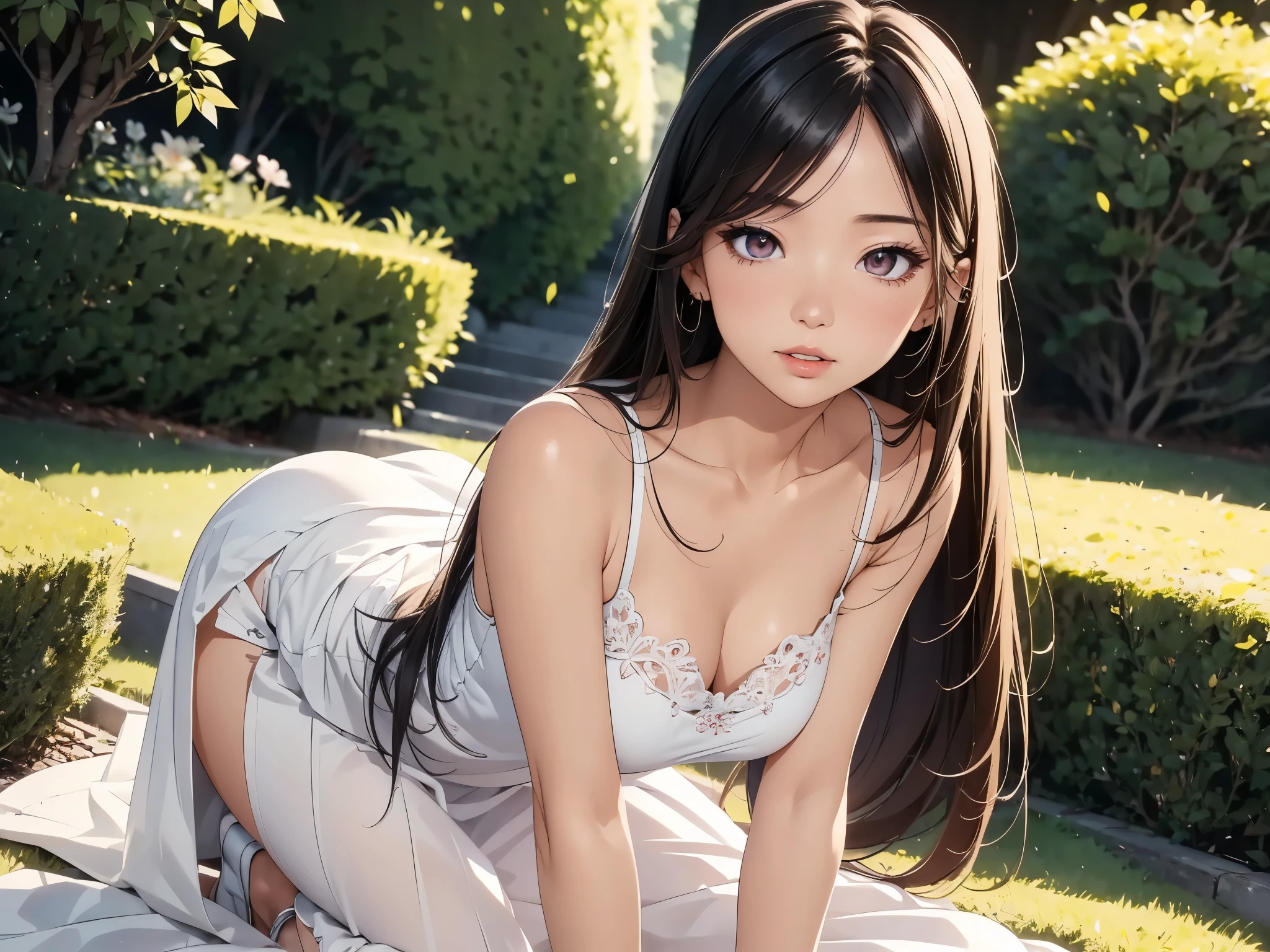1 lady, Beautiful asian lady, Long straight hair, beautiful face, delicate eyes, detailed pupil, beautiful and delicate lips, white camisole long skirt, Simple and stylish, hand drawn animation, high detailed, outdoor, blush, shy, heart, in love,