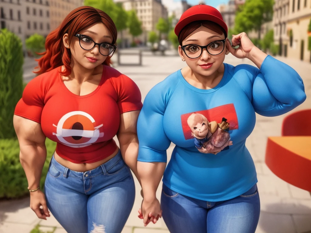 (masterpiece, best quality:1.2), A couple , boy Nino Lahiffe: Brown skin, dark hair, usually seen wearing a red cap, glasses, and casual clothing like a T-shirt and jeans, and a girl Alya Césaire: Brown skin, curly dark brown hair, often wears glasses, and typically seen in stylish, casual outfits. A casual day out with both characters in their everyday attire,Sharing a tender moment, like sitting on a rooftop overlooking Paris..(girl and boy:1), smiling, ((high resolution illustration)), ((extremely detailed)), (couple), Alya, Nino, Nino X Alya, (best quality,4k,8k,highres,masterpiece:1.2), ultra-detailed, realistic:1.37, HDR, studio lighting, extreme detail description, nino wearing a red cap, professional, vibrant colors, bokeh, ((muscular female bodybuilder)), detailed lips, strong embrace, romantic scene, intimate moment, intense passion, athletic bodies, fitness couple, gym, (((both flexing their big muscles))).